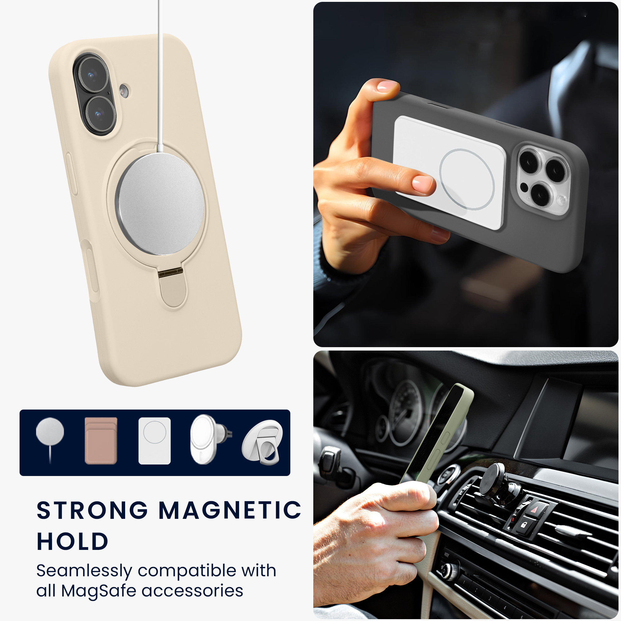 Pouzdro s kroužkovým stojánkem pro Apple iPhone 16 kwmobile MagSafe se stojánkem silikonové - krémová