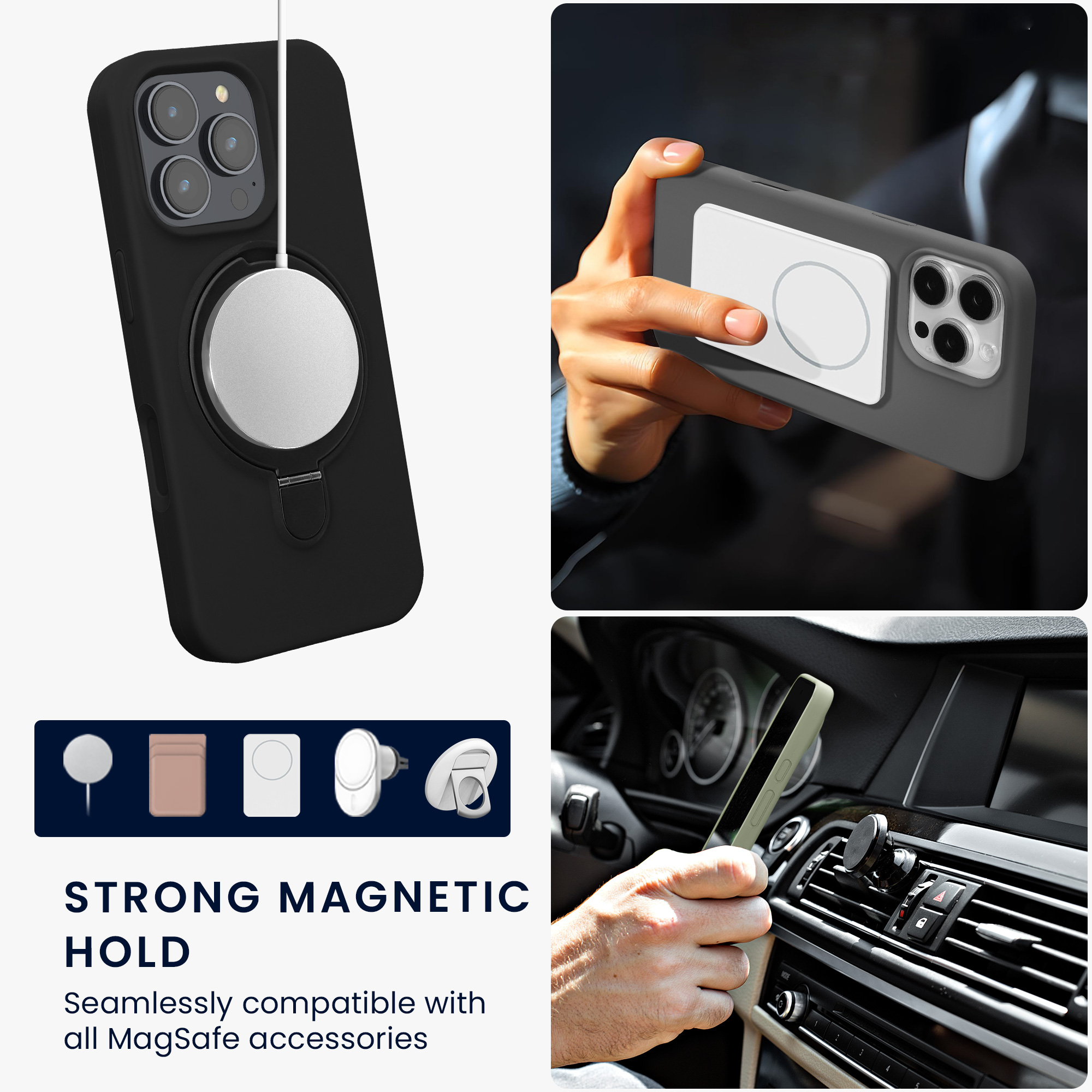 Pouzdro s kroužkovým stojánkem pro Apple iPhone 16 Pro kwmobile MagSafe se stojánkem silikonové - černá