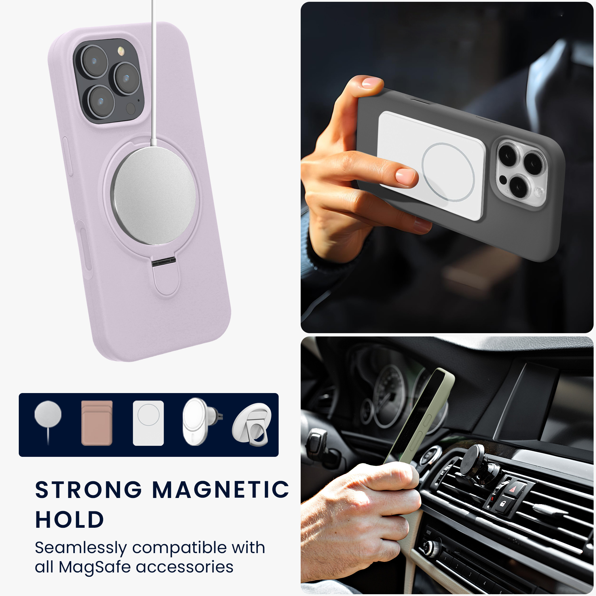 Pouzdro s kroužkovým stojánkem pro Apple iPhone 16 Pro kwmobile MagSafe se stojánkem silikonové - levandulová