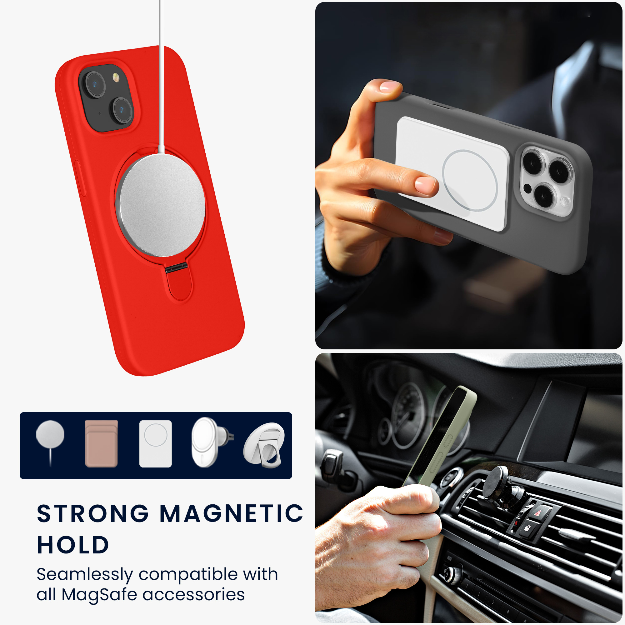 Pouzdro s kroužkovým stojánkem pro Apple iPhone 15 kwmobile MagSafe se stojánkem silikonové - červená