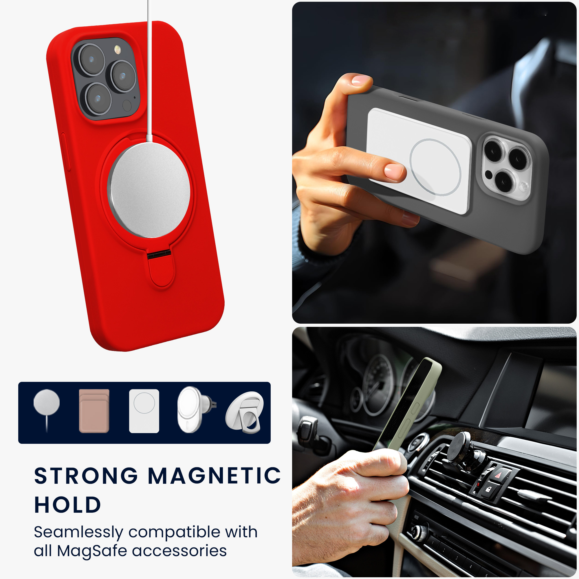 Pouzdro s kroužkovým stojánkem pro Apple iPhone 15 Pro kwmobile MagSafe se stojánkem silikonové - červená