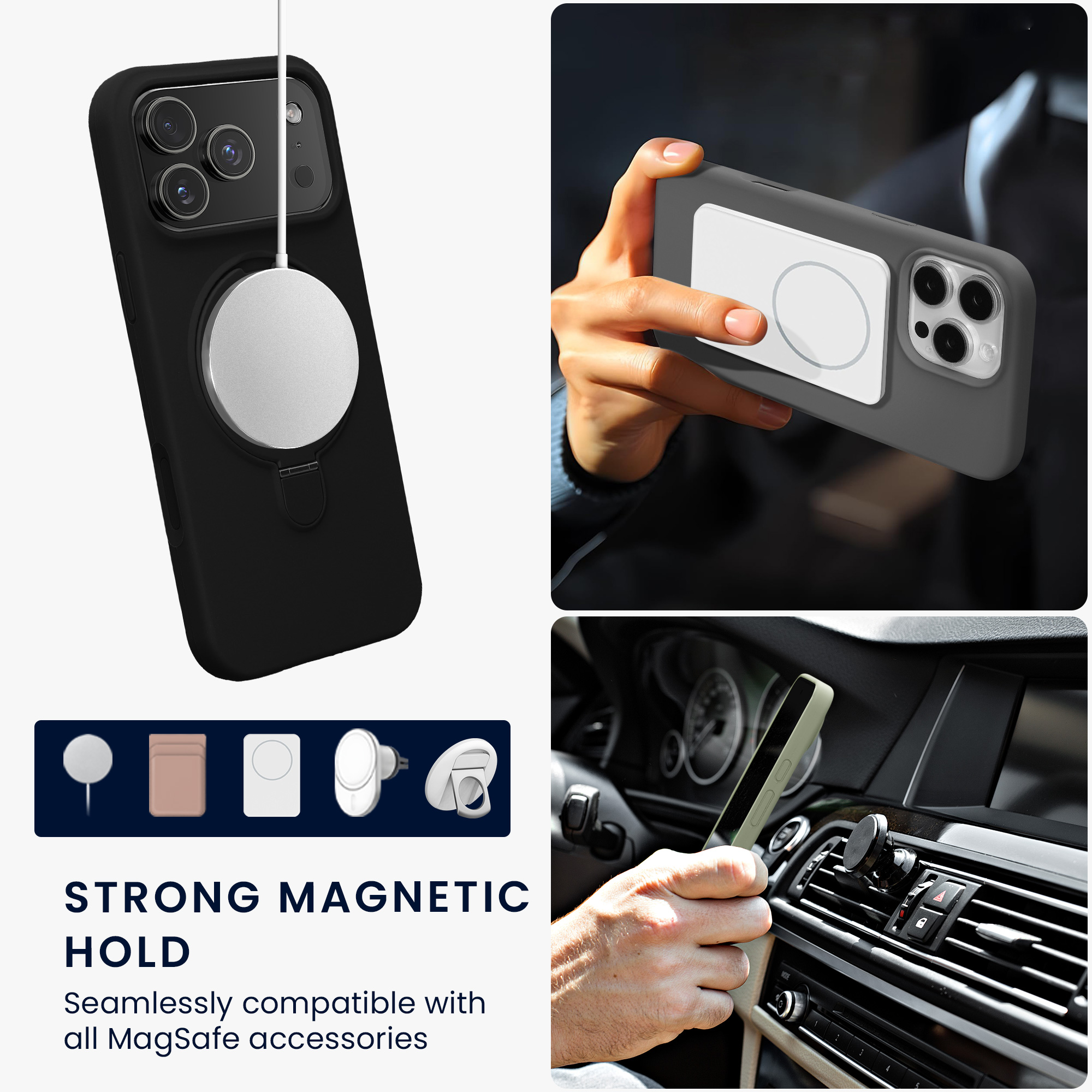 Silikonový kryt pro Apple iPhone 18 Pro Max / 17 Pro Max MagSafe s kroužkovým stojánkem a podšívkou z mikrovlákna kwmobile ‑ černá