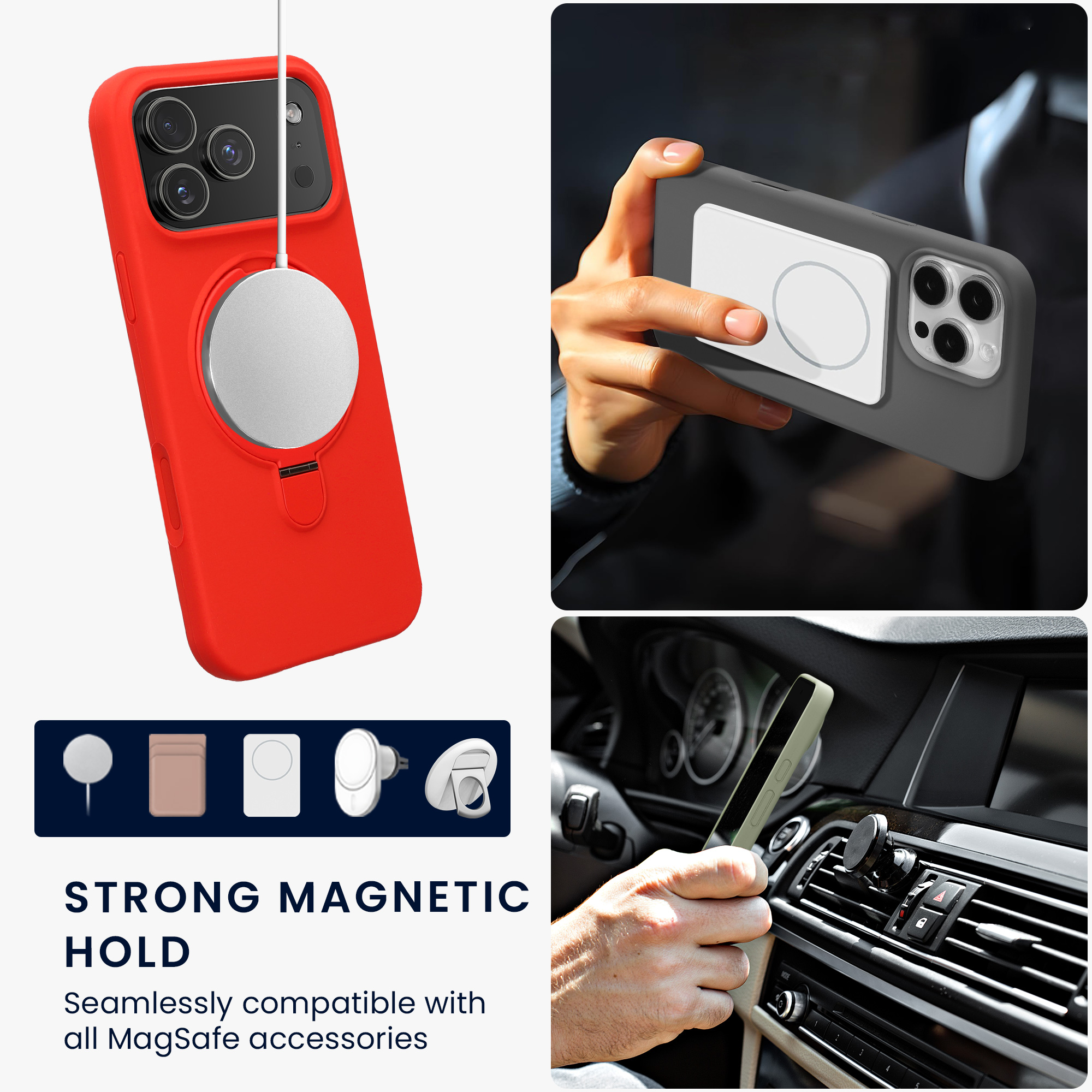 Silikonový kryt pro Apple iPhone 18 Pro Max / 17 Pro Max MagSafe s kroužkovým stojánkem kwmobile ‑ červená