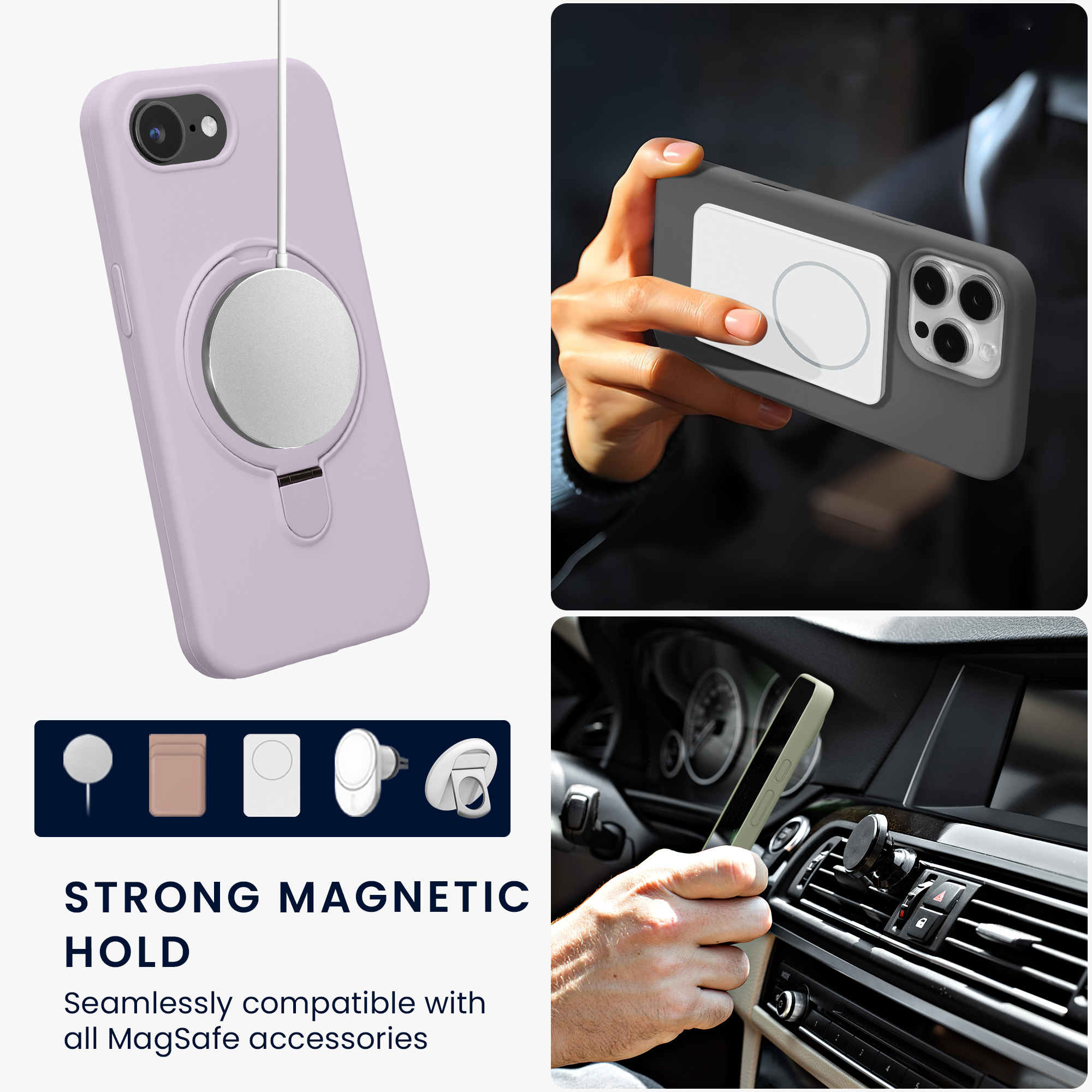 Silikonové pouzdro s kroužkovým stojánkem pro Apple iPhone 17e / iPhone 16e MagSafe, podšívka z mikrovlákna kwmobile ‑ levandulová