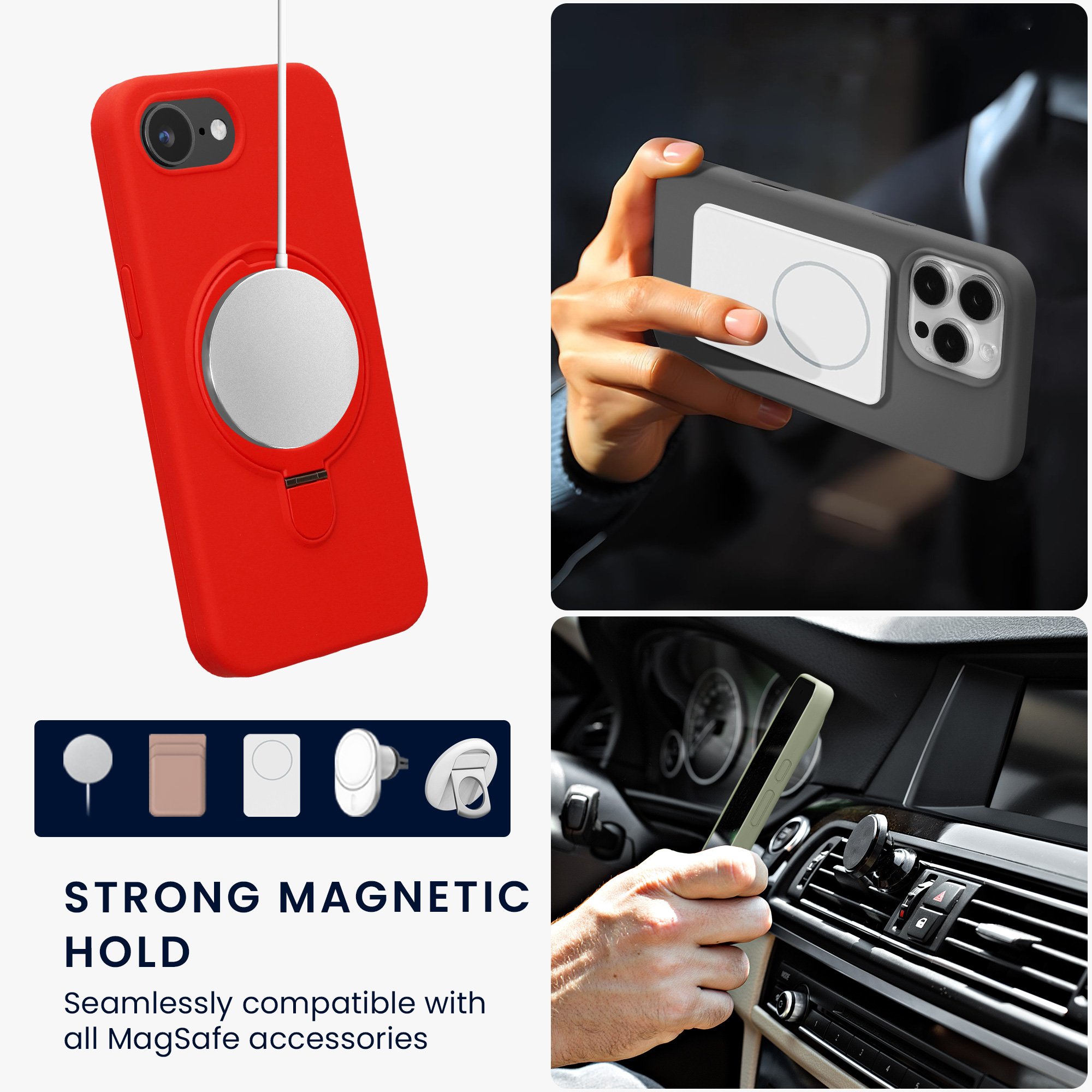 Silikonové pouzdro s kroužkovým stojánkem pro Apple iPhone 17e / iPhone 16e MagSafe, podšívka z mikrovlákna kwmobile ‑ červená