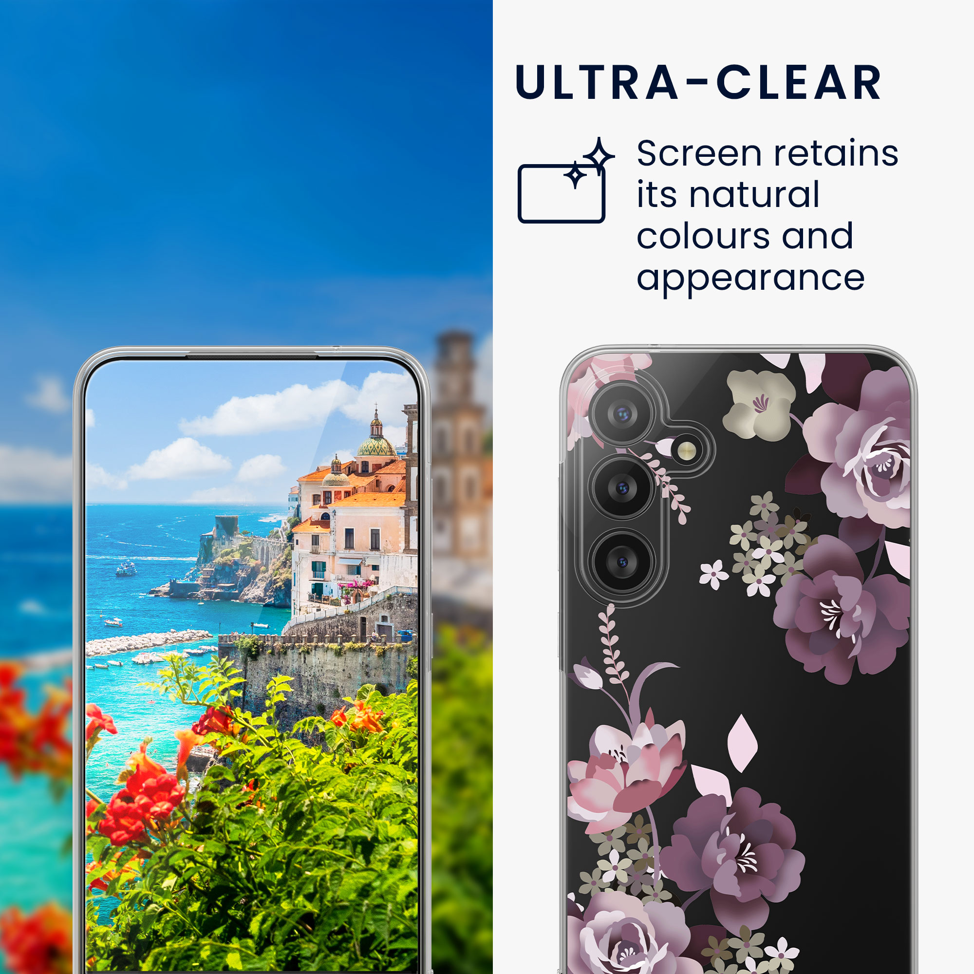 Čiré pouzdro s ochranným sklem pro Samsung Galaxy A55 5G kwmobile - motiv kytice pastelová fialová / transparentní