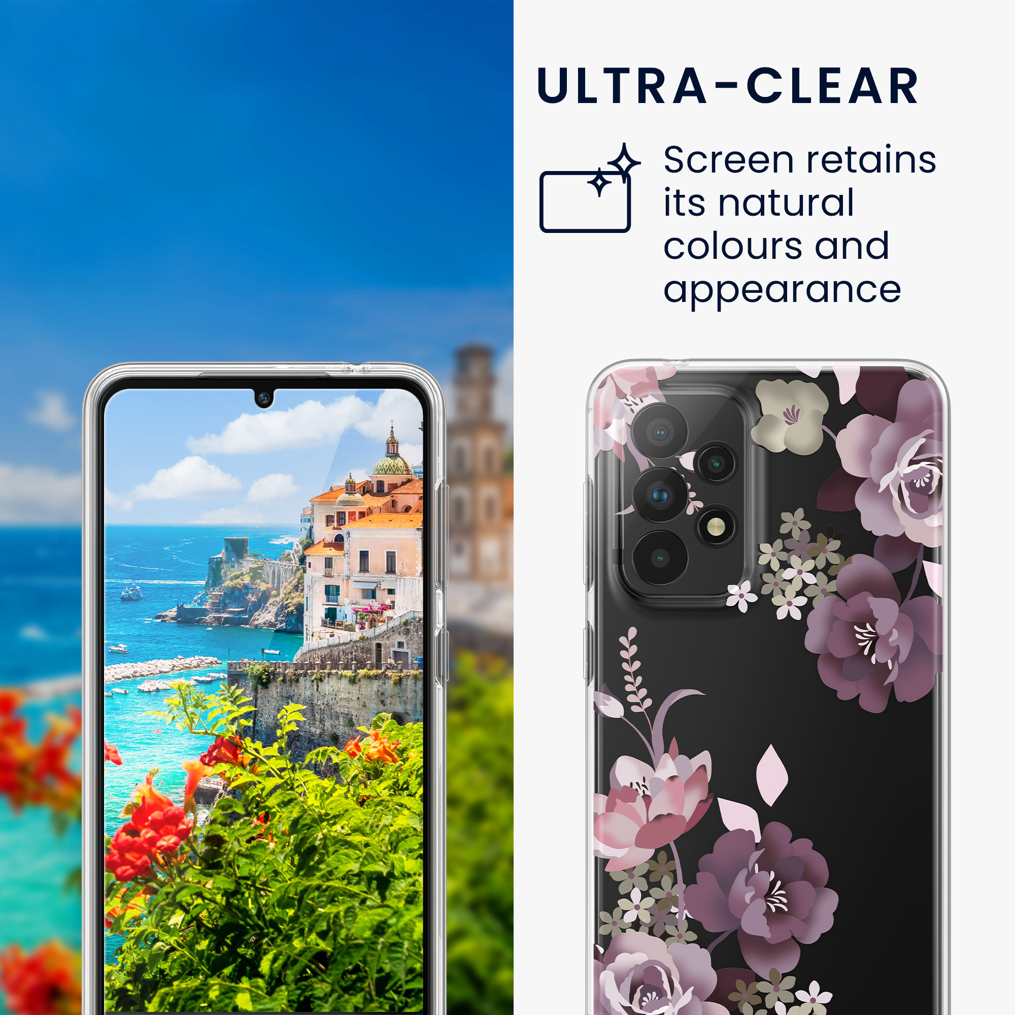 Čiré pouzdro s ochranným sklem pro Samsung Galaxy A33 5G kwmobile - motiv kytice pastelová fialová / transparentní
