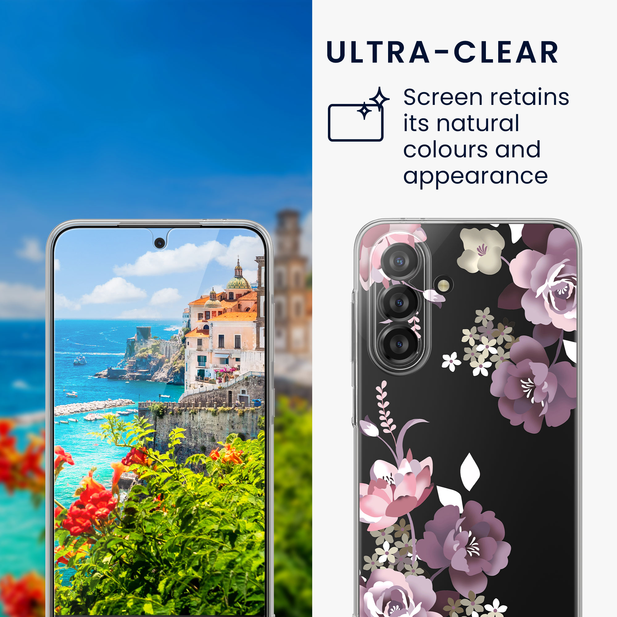 Čirý TPU kryt pro Samsung Galaxy A27 5G + ochranné sklo kwmobile ‑ kytice, pastelově fialová / čirá