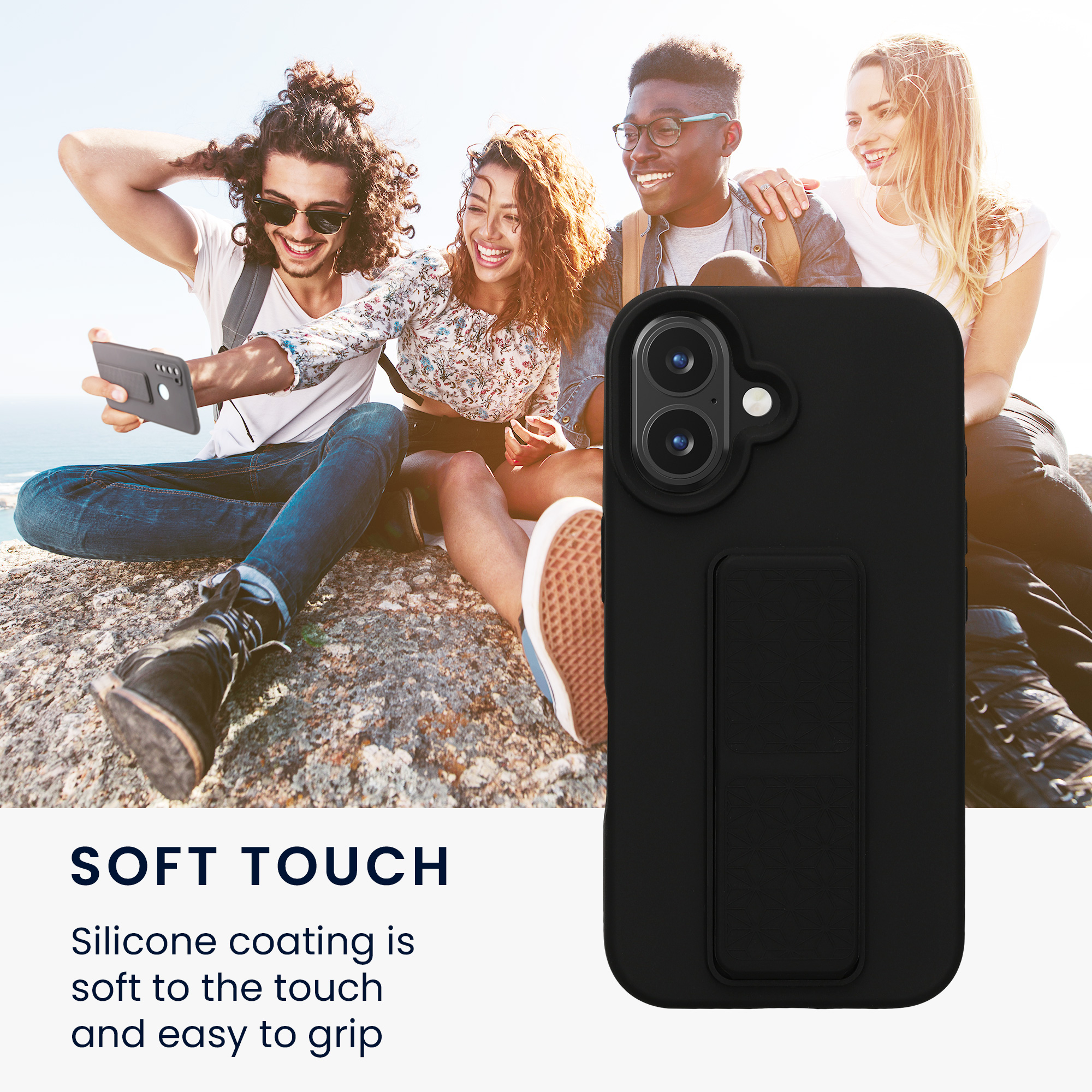 TPU kryt se silikonovým povrchem pro Apple iPhone 16, nárazuvzdorný, s poutkem a stojánkem kwmobile ‑ černá