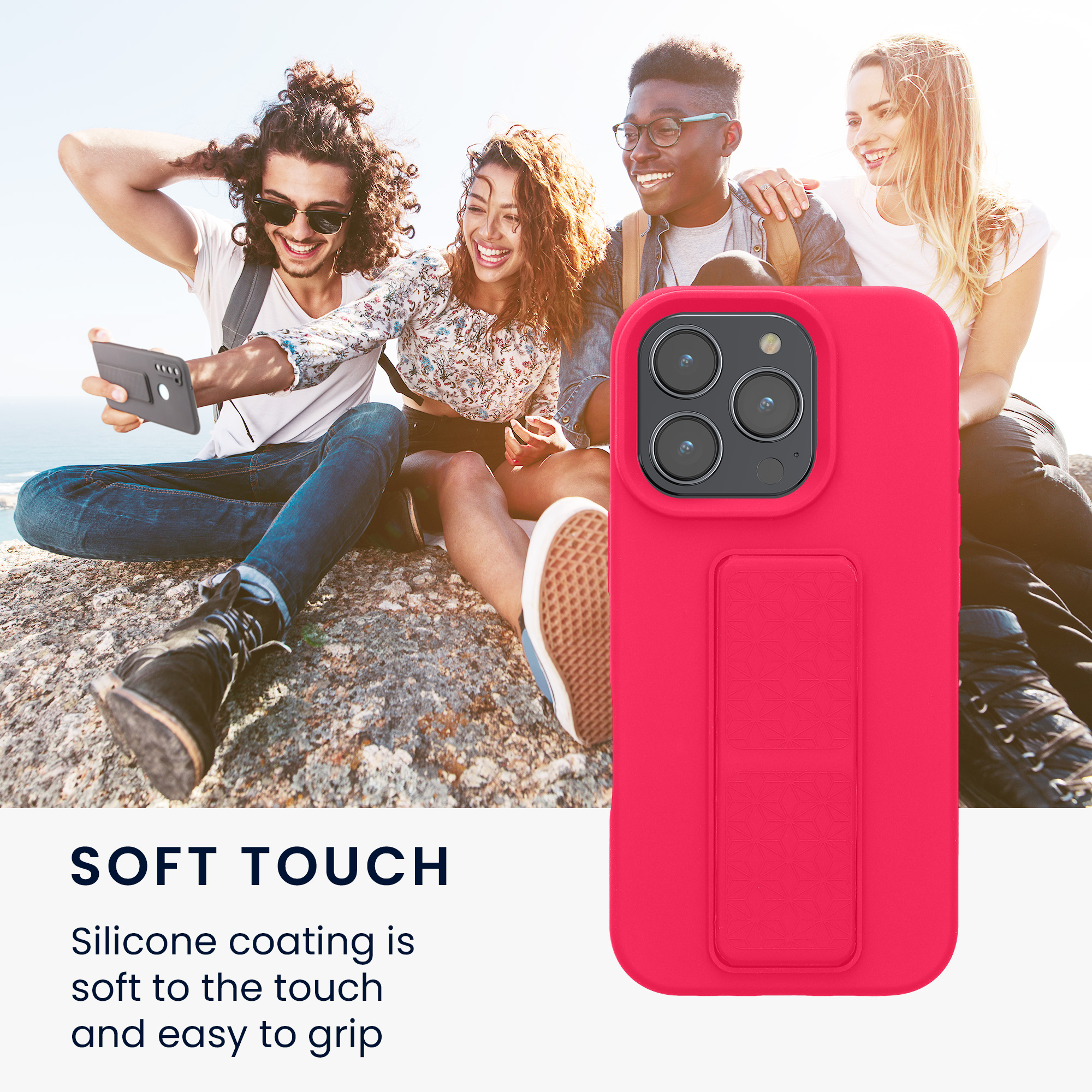 Kryt na mobil s poutkem a stojánkem Apple iPhone 16 Pro kwmobile - neonově růžová