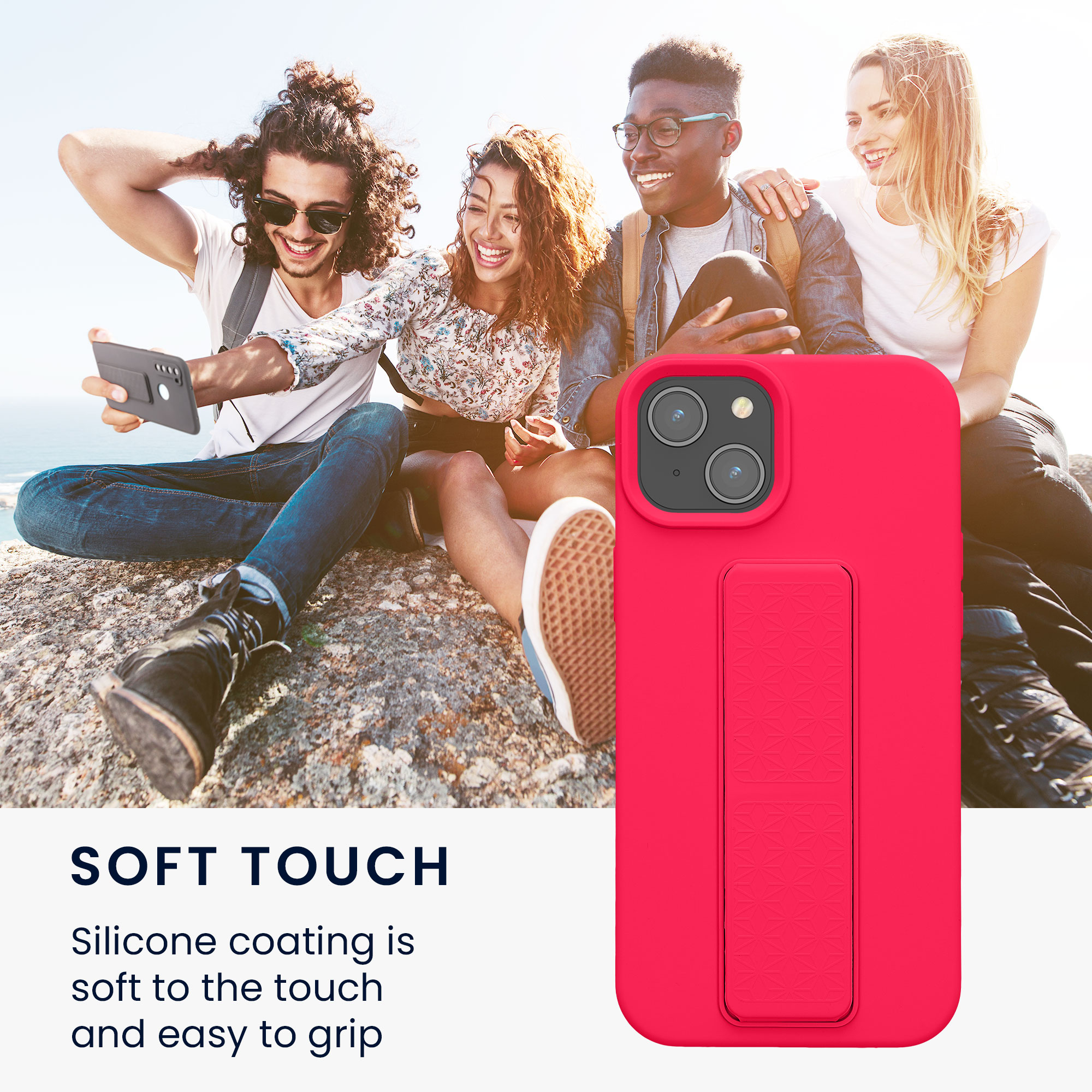 Kryt kwmobile s poutkem se stojánkem iPhone 15 Plus neonově růžová
