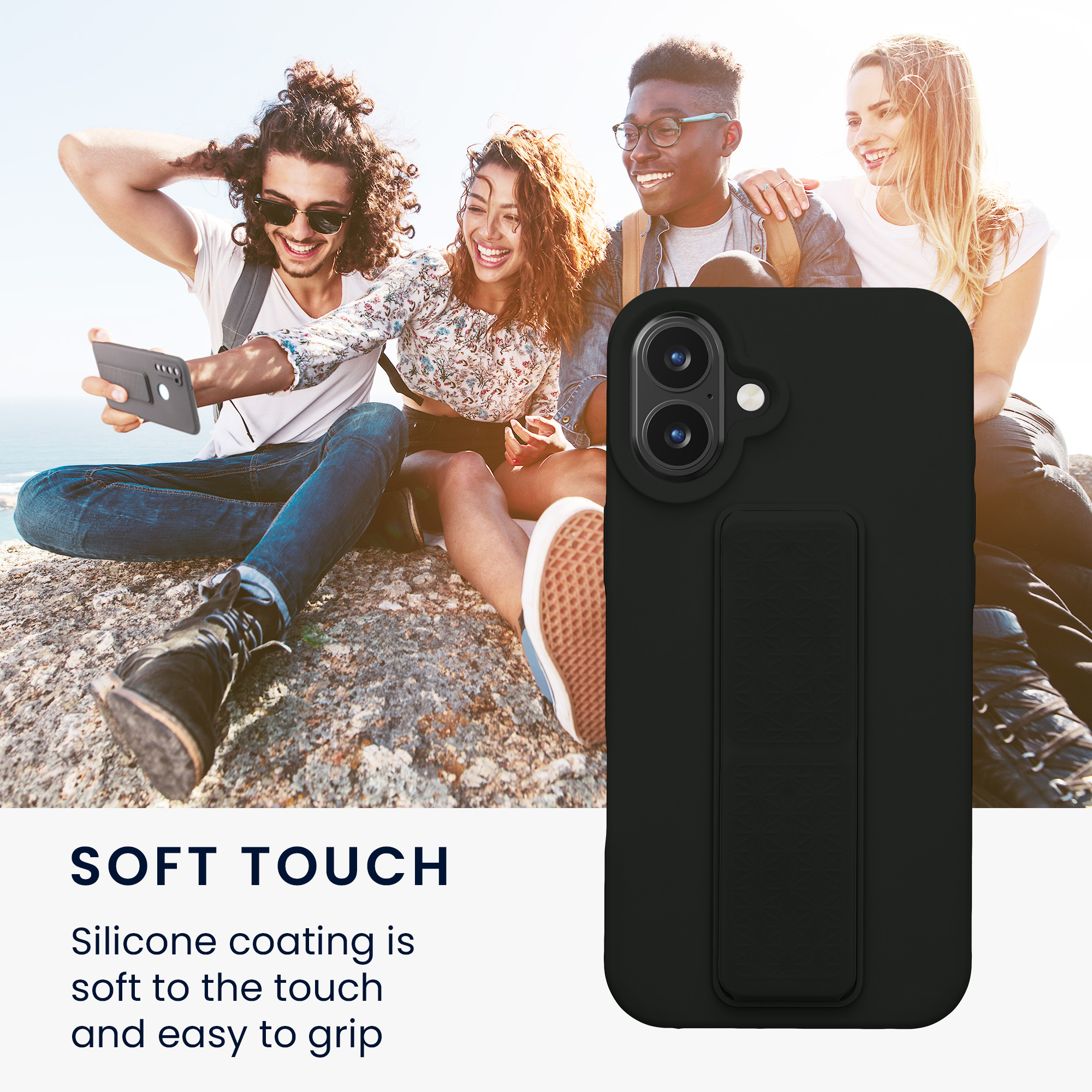 Kryt na mobil s poutkem a stojánkem Apple iPhone 16 Plus kwmobile - černá