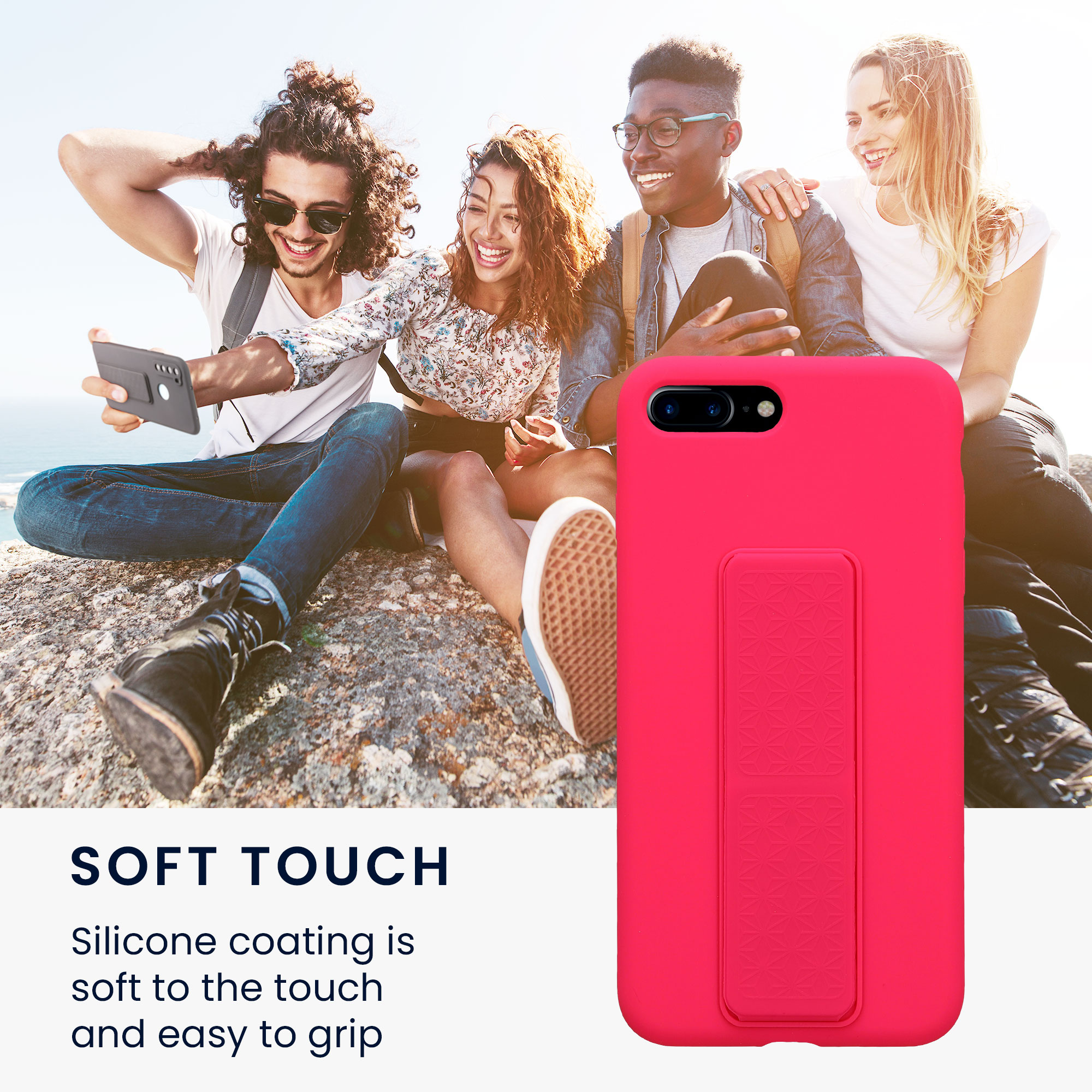 TPU kryt se silikonovým povrchem pro Apple iPhone 7 Plus / iPhone 8 Plus, nárazuvzdorný, s poutkem a stojánkem kwmobile ‑ neonově růžová