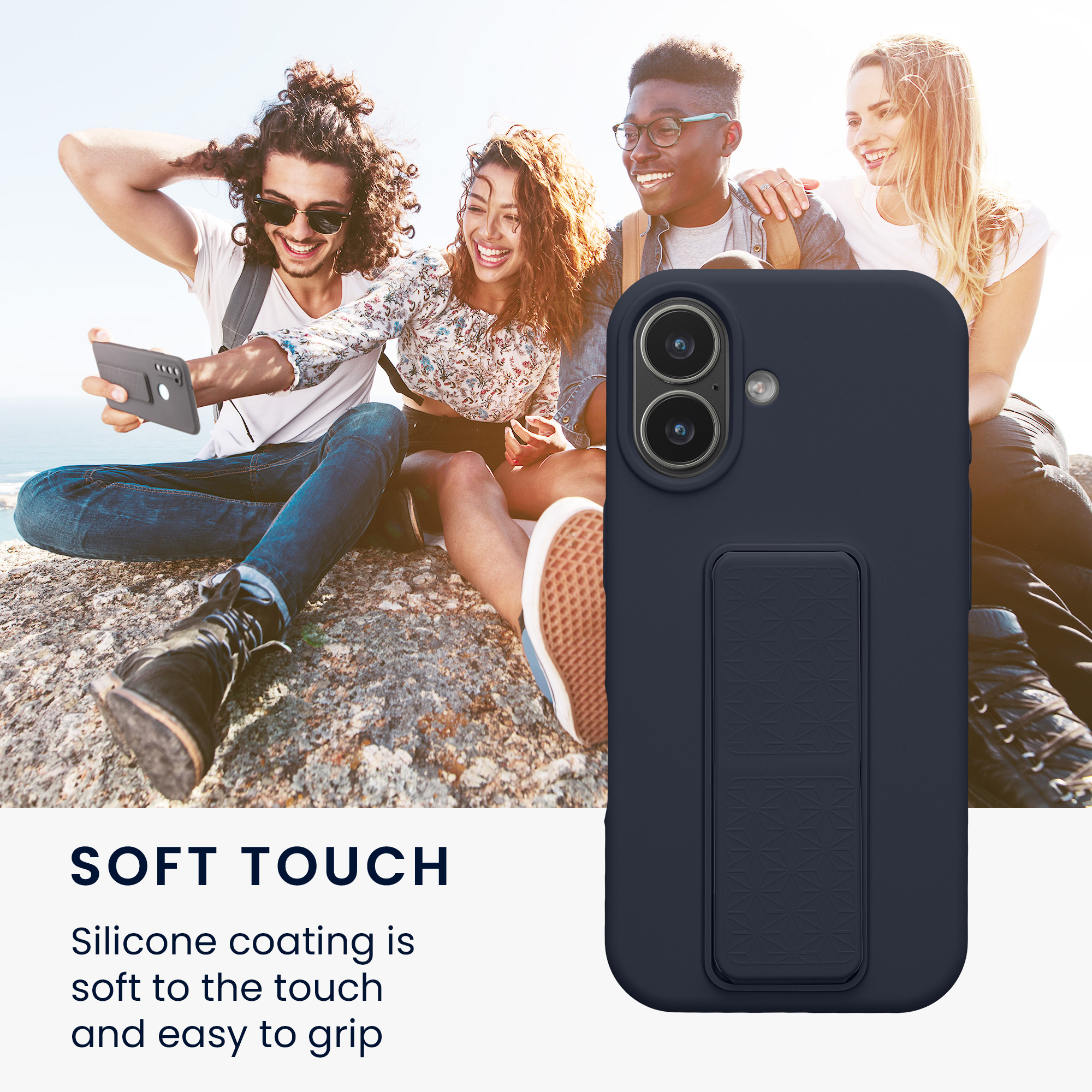 Pouzdro pro Apple iPhone 17 kwmobile se stojánkem s poutkem silikonové - borůvková