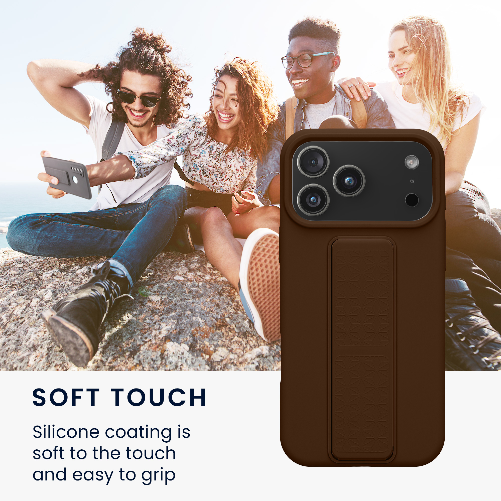 Pouzdro pro Apple iPhone 18 Pro Max / iPhone 17 Pro Max kwmobile se stojánkem s poutkem silikonové - čokoládová