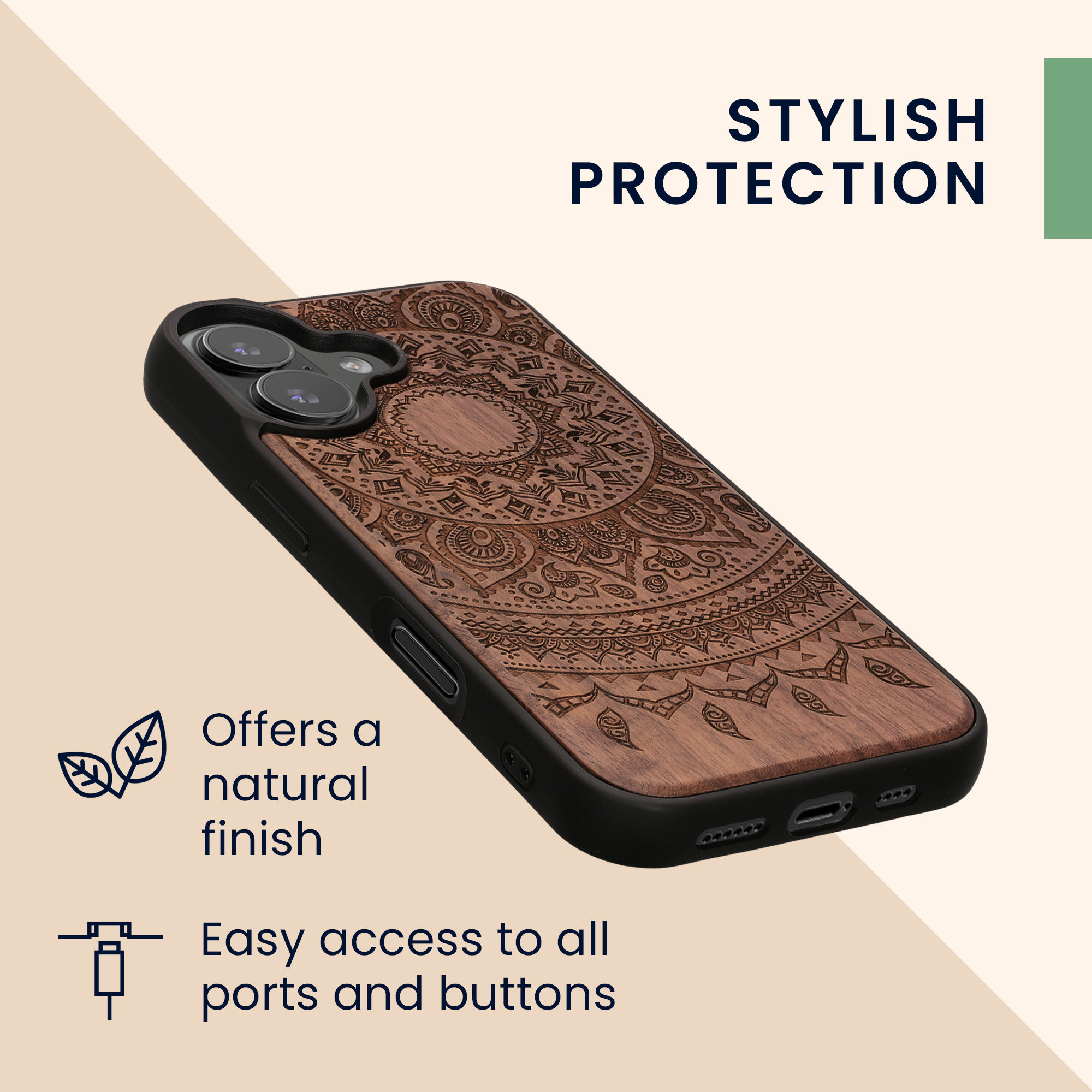 Dřevěné pouzdro pro iPhone 17 kwmobile - motiv indické slunce tmavě hnědá