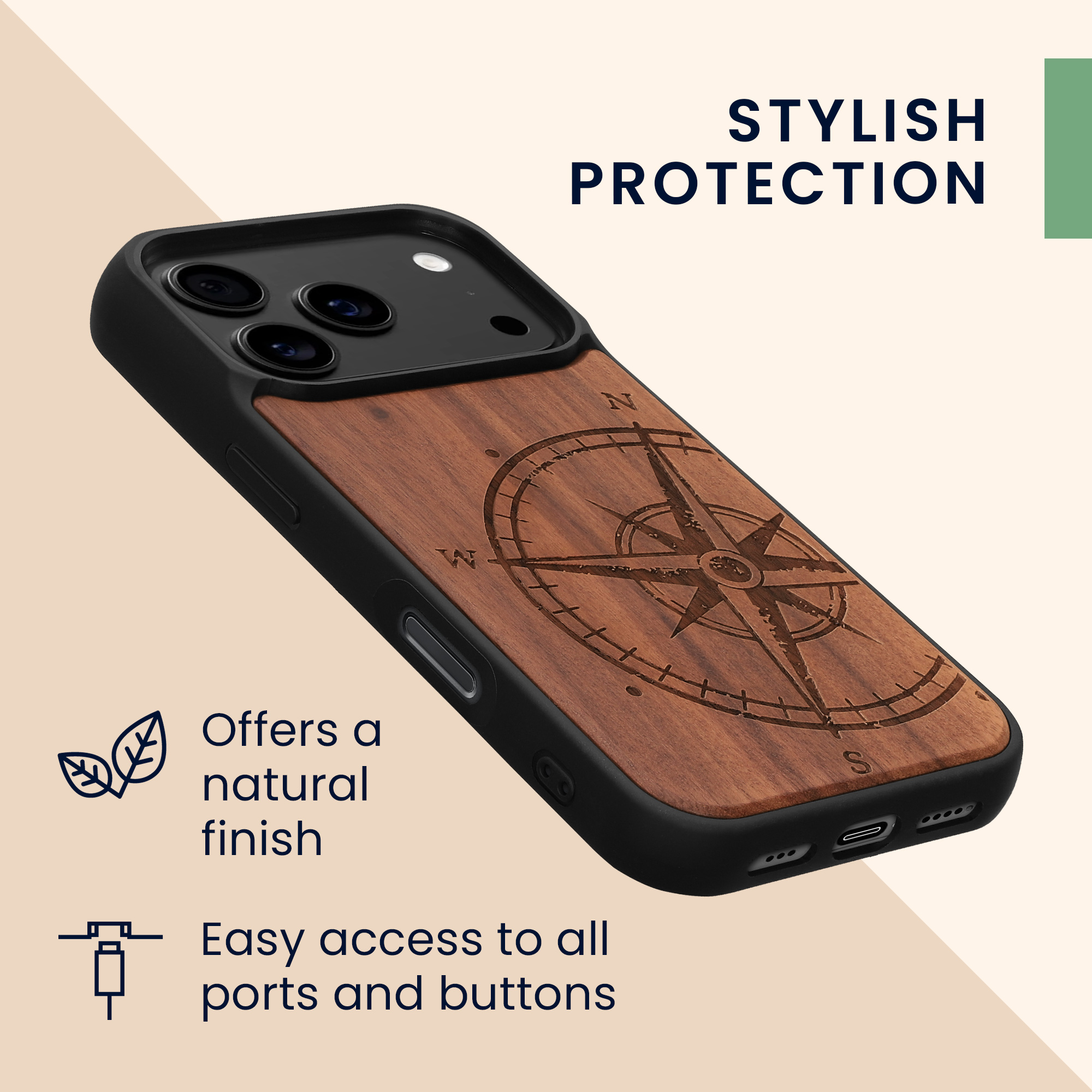 Dřevěný kryt Kwmobile pro iPhone 17 Pro - navigational compass dark brown