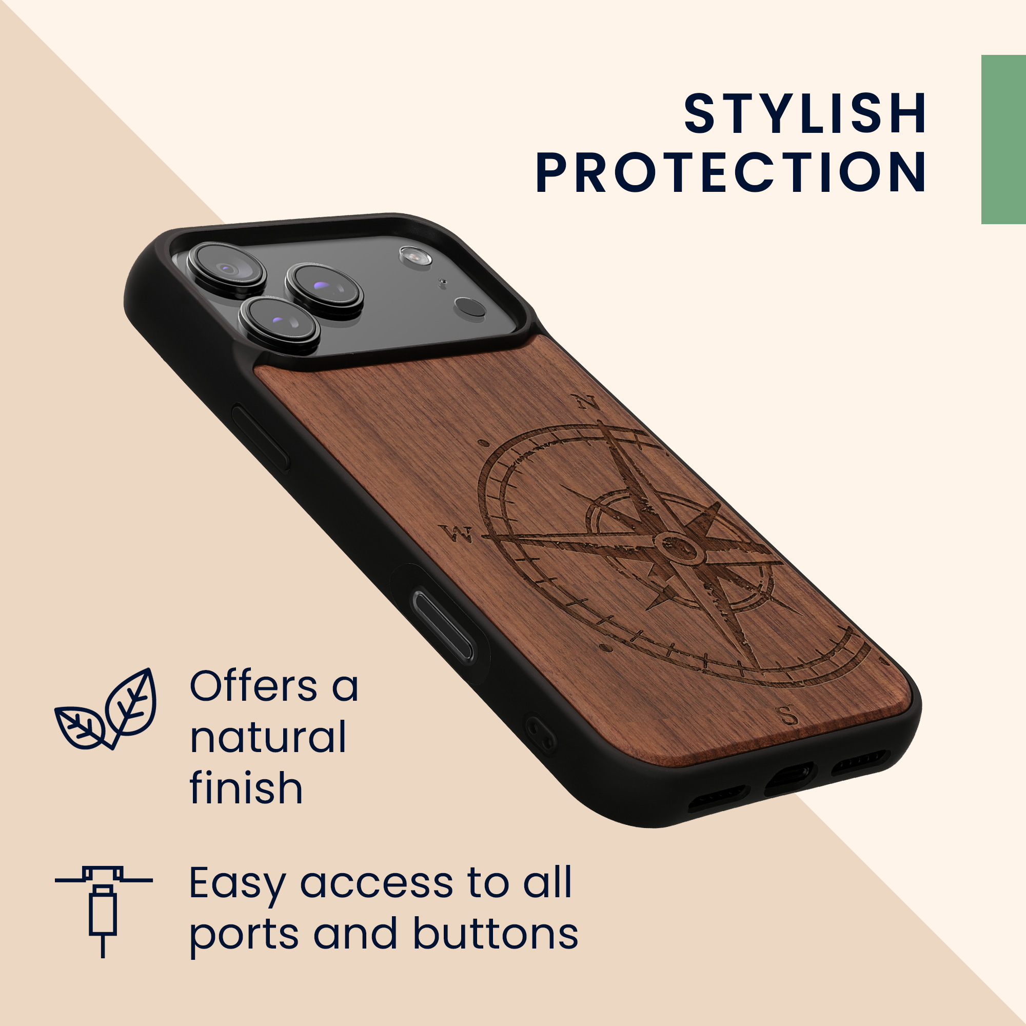 Dřevěný kryt Kwmobile pro iPhone 17 Pro Max - navigational compass dark brown