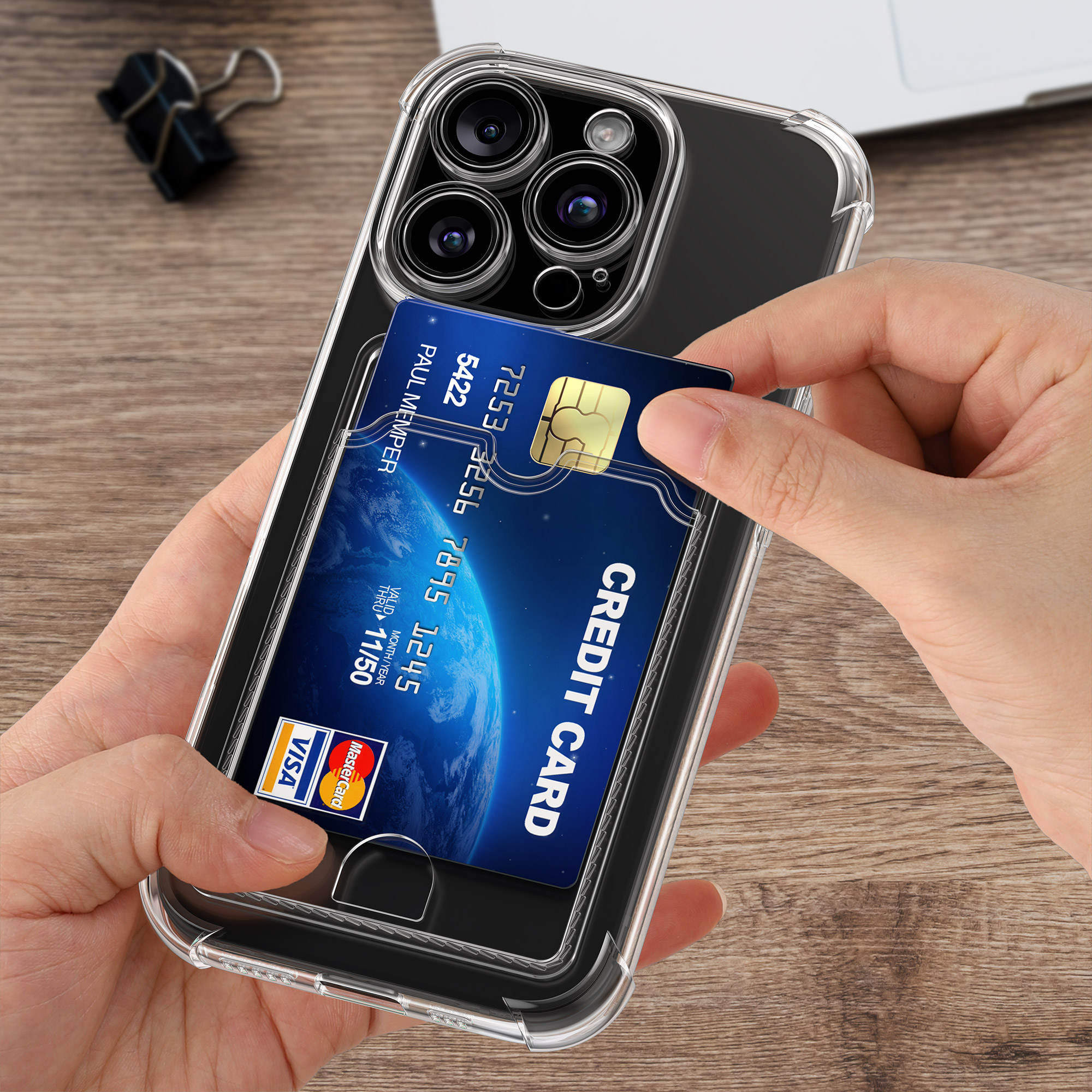 Kryt s přihrádkou na kartu kwmobile pro iPhone 15 Pro - transparentní