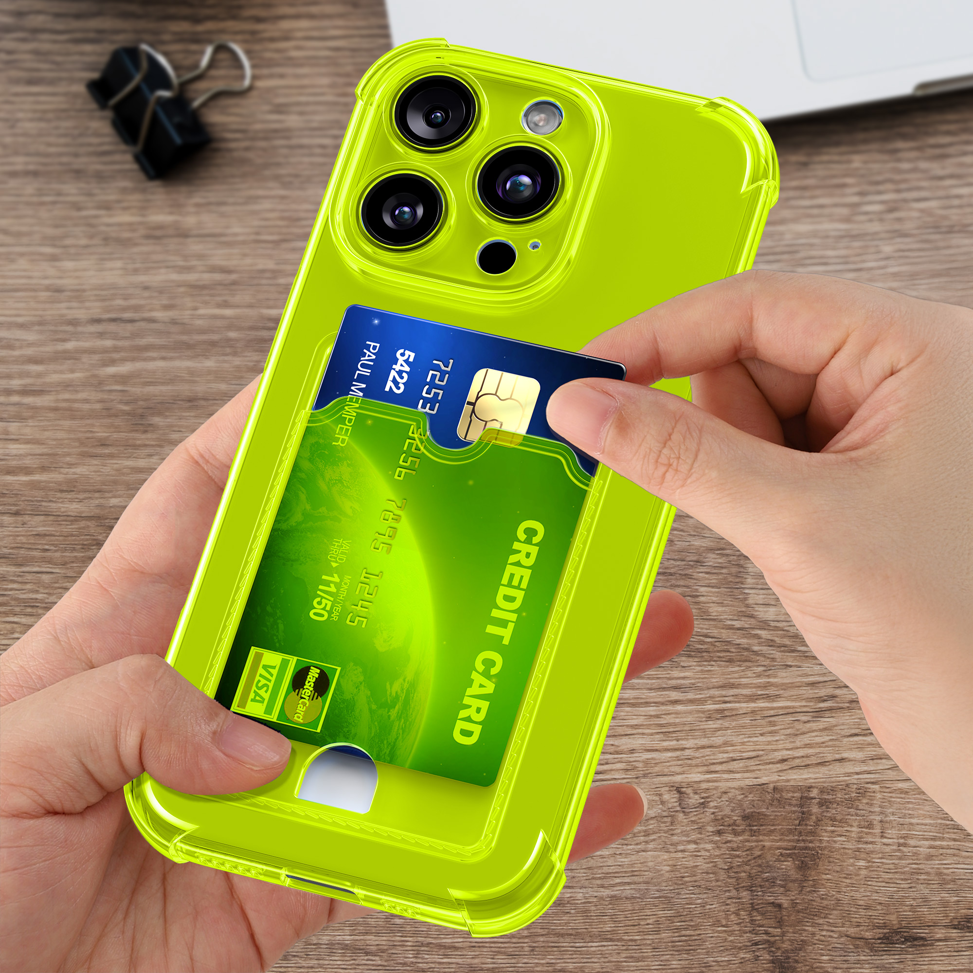 Kryt s přihrádkou na kartu kwmobile pro iPhone 15 Pro Max - zářivě žlutá / transparentní