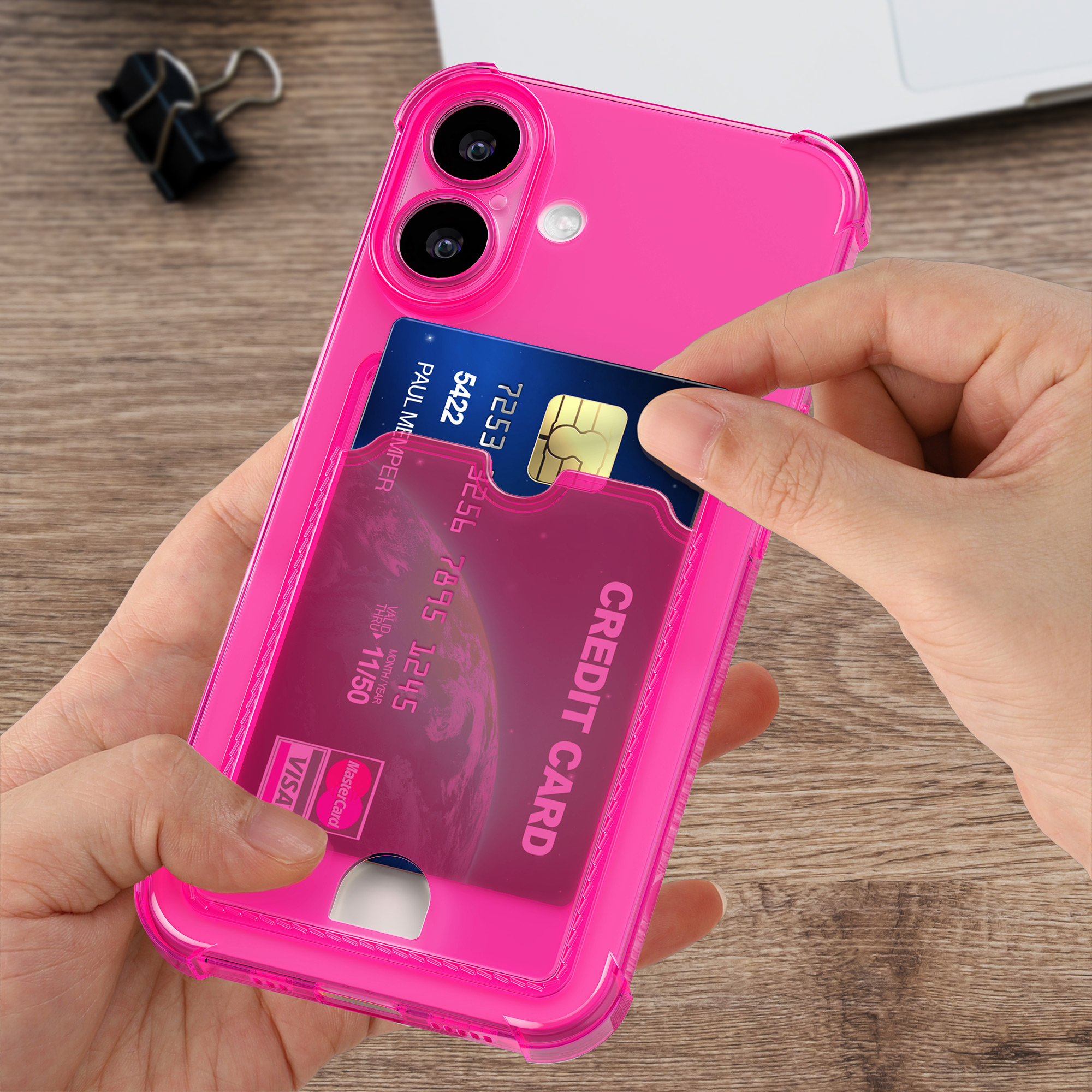 Kryt s přihrádkou na kartu kwmobile pro iPhone 16 - neonově růžová / transparentní