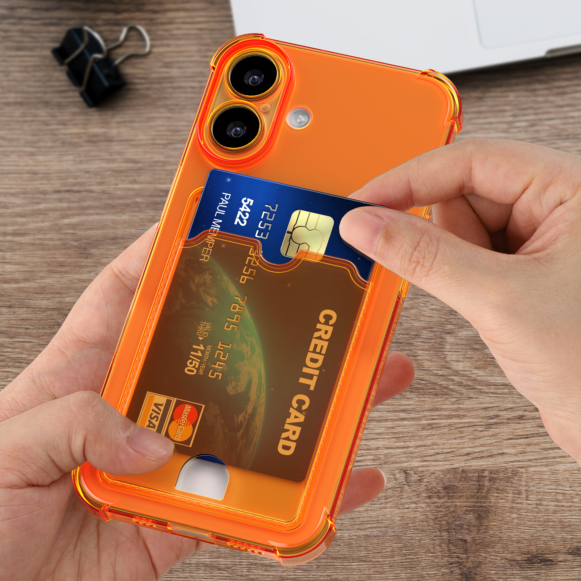 Kryt s přihrádkou na kartu kwmobile pro iPhone 16 - ovocně oranžová / transparentní