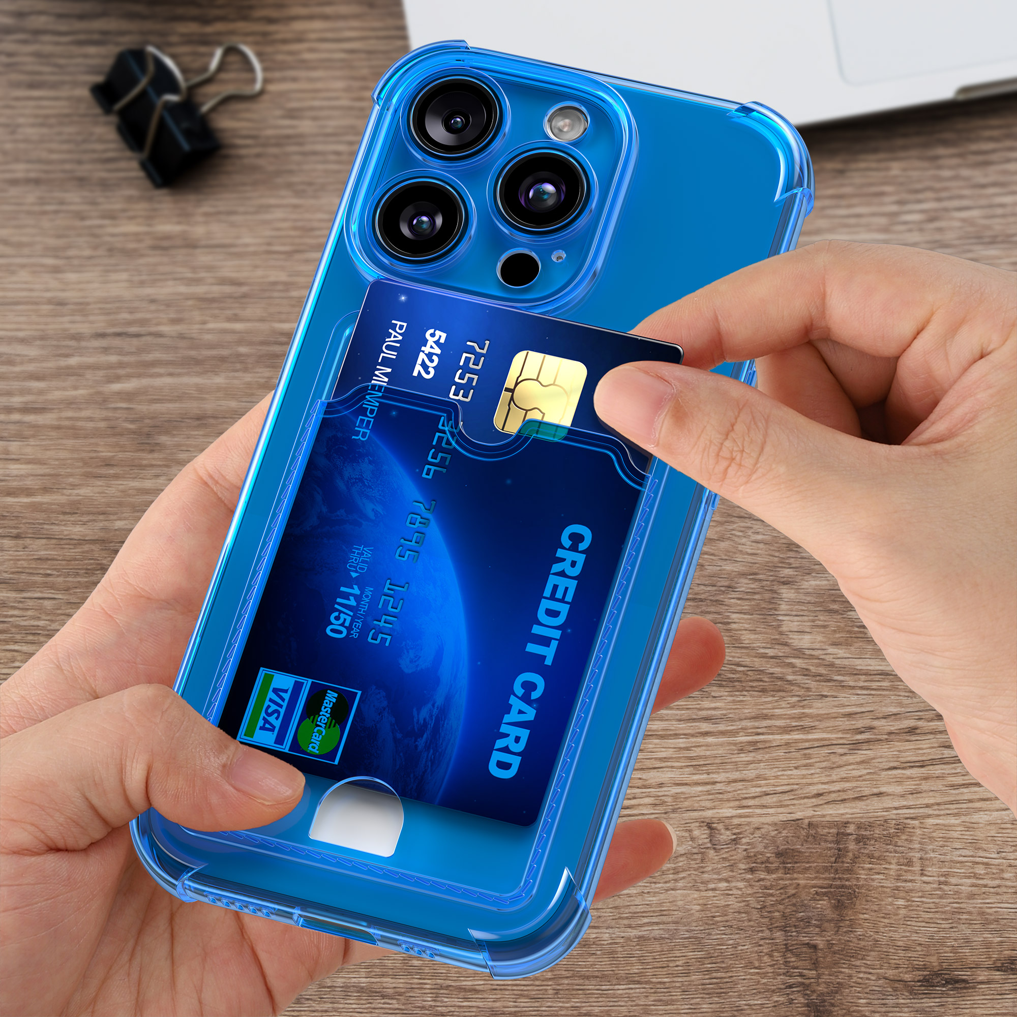 TPU pouzdro s kapsou na kartu pro Apple iPhone 16 Pro kwmobile kapsa na kartu - baltská modrá / transparentní