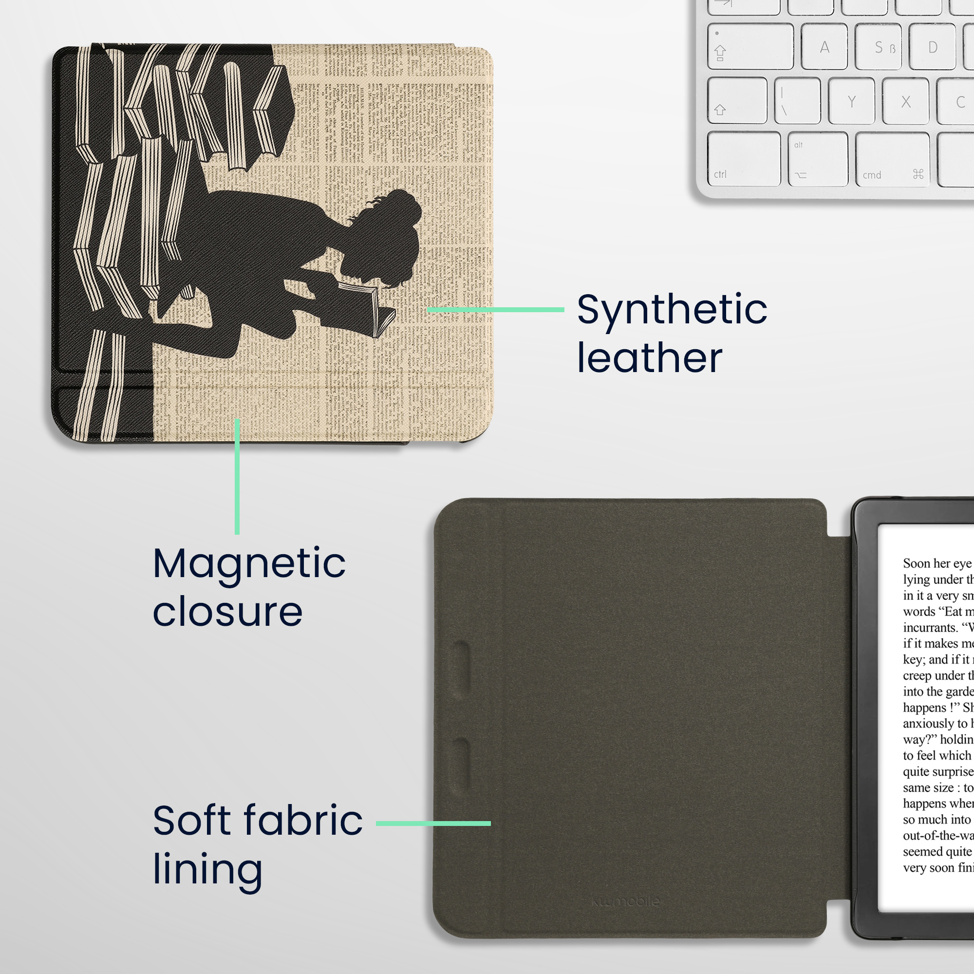 Obal pro Kobo Libra Colour kwmobile - motiv dívka s knihami s černá / béžová