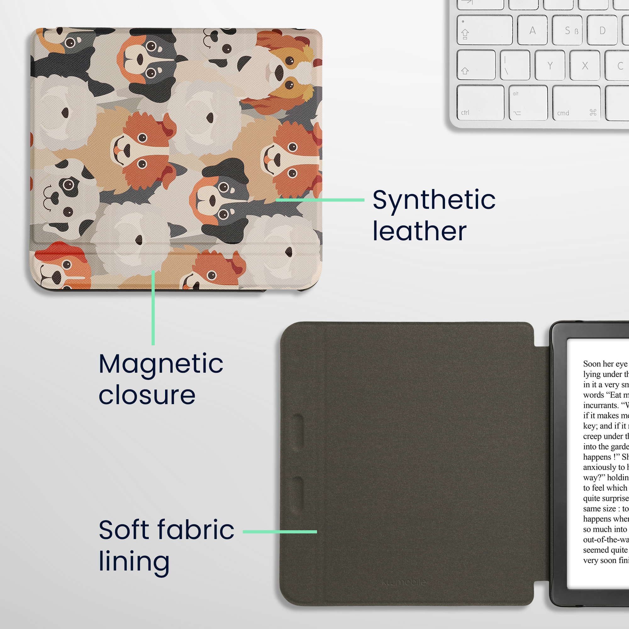 Obal pro Kobo Libra Colour kwmobile - motiv psi s bílá / světle hnědá / šedá
