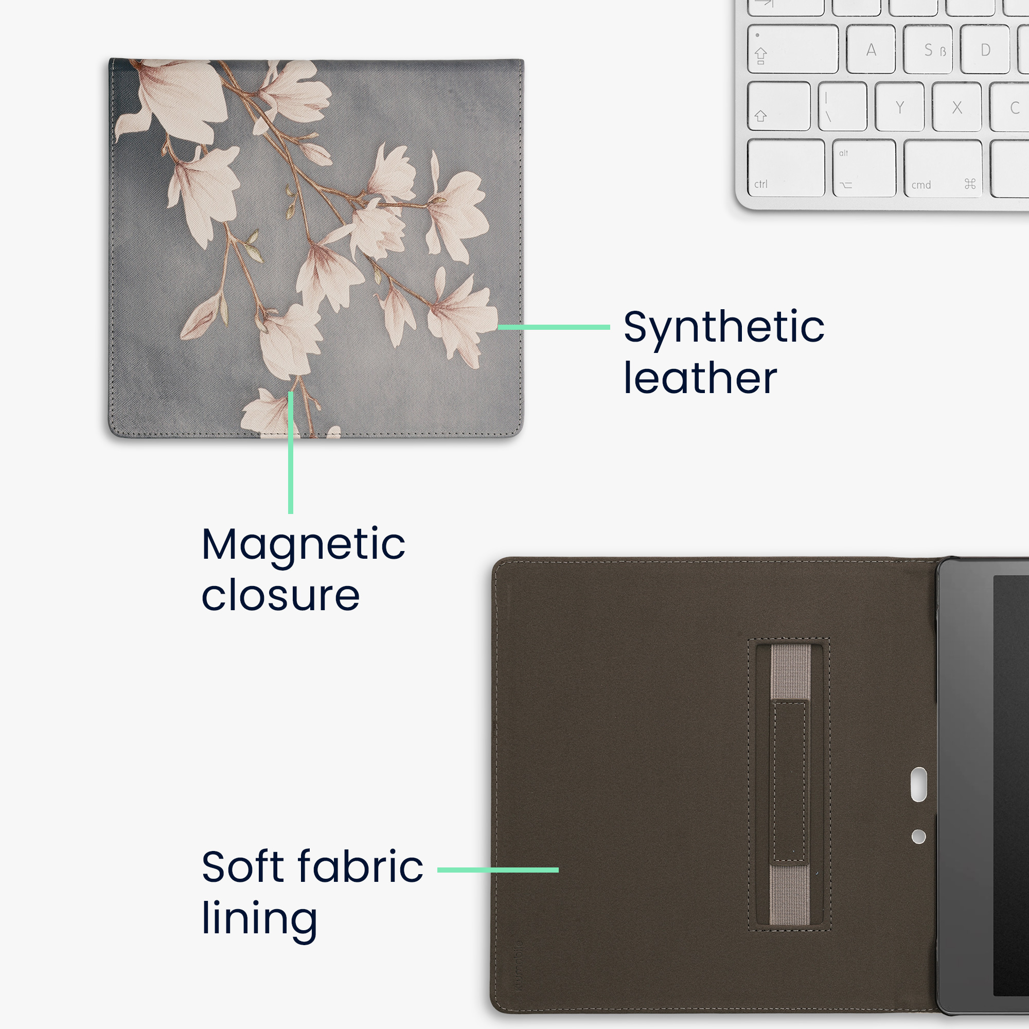 Pouzdro na čtečku kwmobile Kindle Scribe 2022/2024 - Magnolias - taupe / bílá / modrošedá