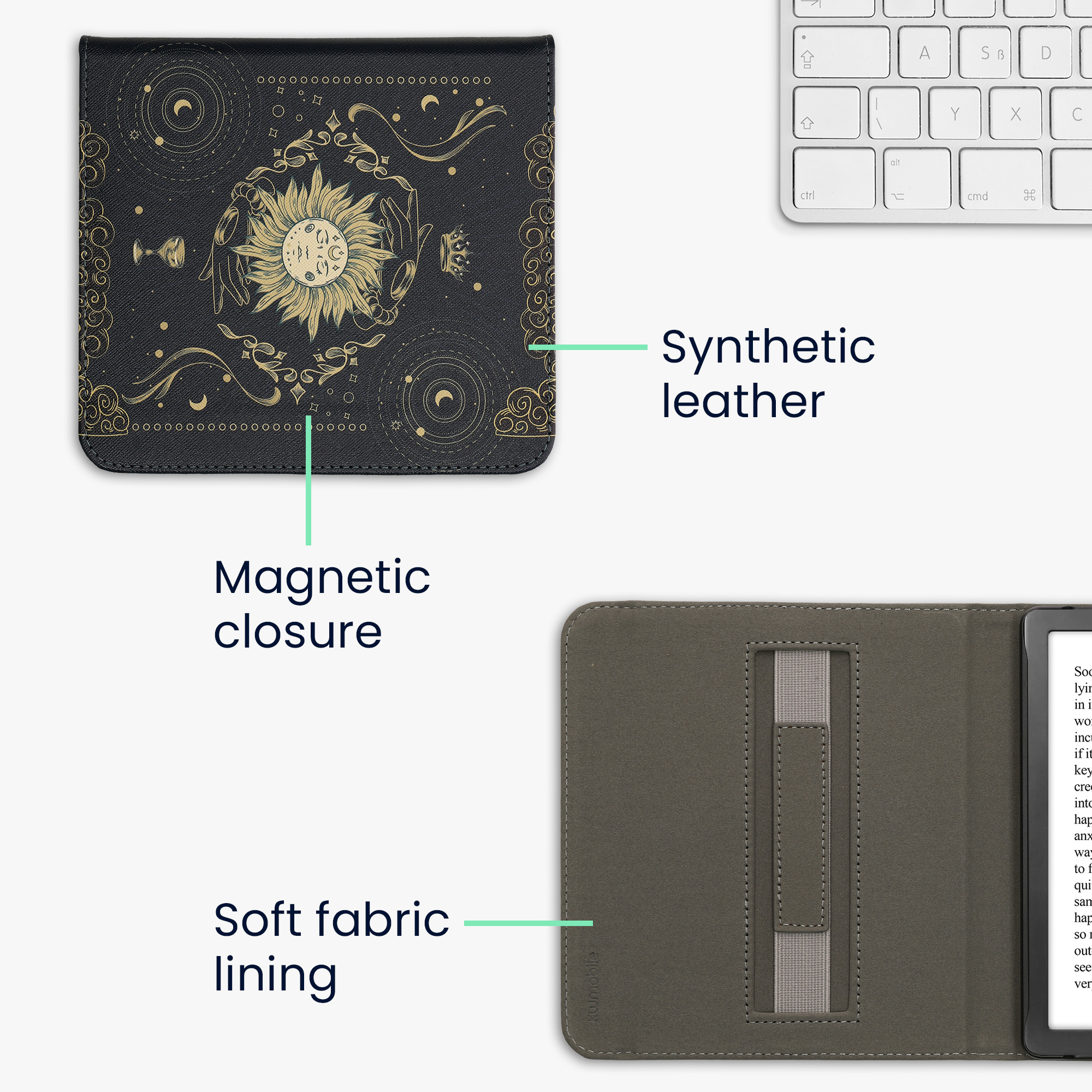 Obal pro Kobo Libra Colour kwmobile s poutkem - motiv tarotová karta s tmavě modrá / žlutá / černá