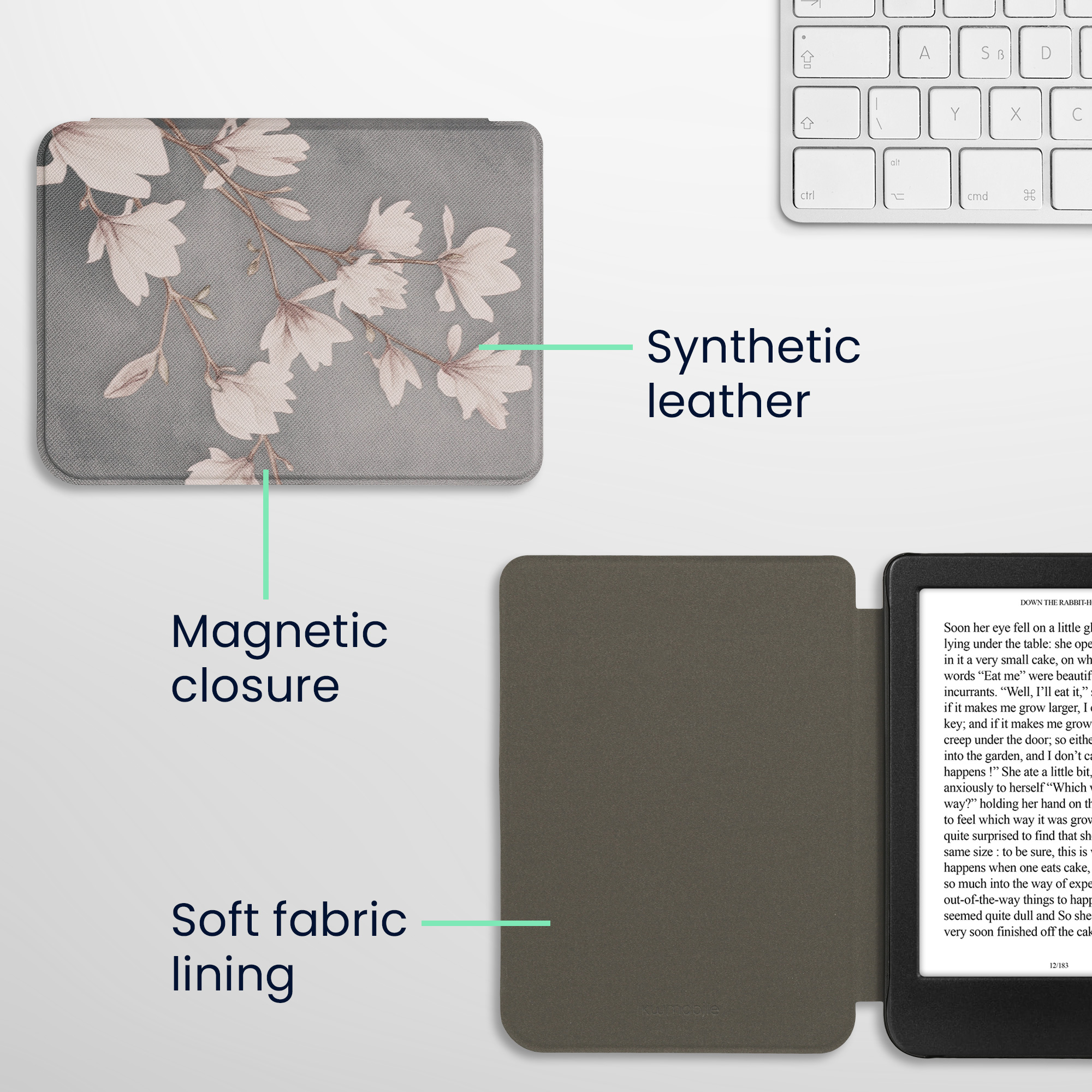 Flip pouzdro na čtečku s magnetem Kobo Clara BW/Colour Magnolias taupe-bílo-modrošedé