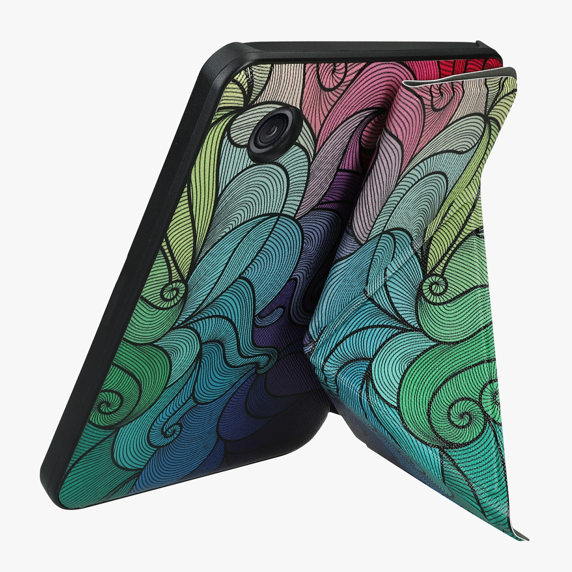 Slim PU pouzdro na čtečku Kobo Clara BW/Colour tmavě růžovo-modro-zelené se stojánkem