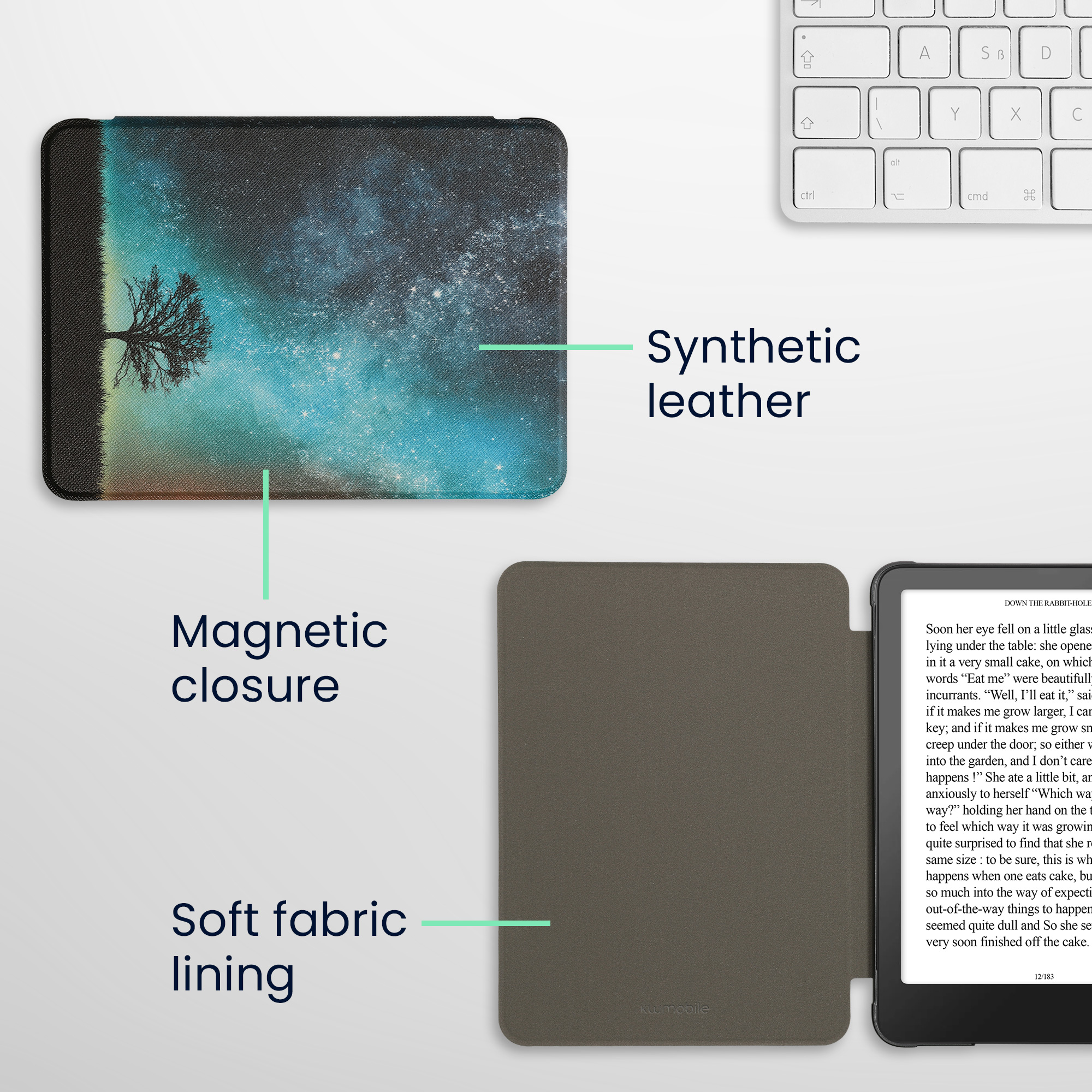 Pouzdro na čtečku kwmobile pro Amazon Kindle Paperwhite (2024)/Colorsoft - motiv Cosmic Nature modrá / šedá / černá