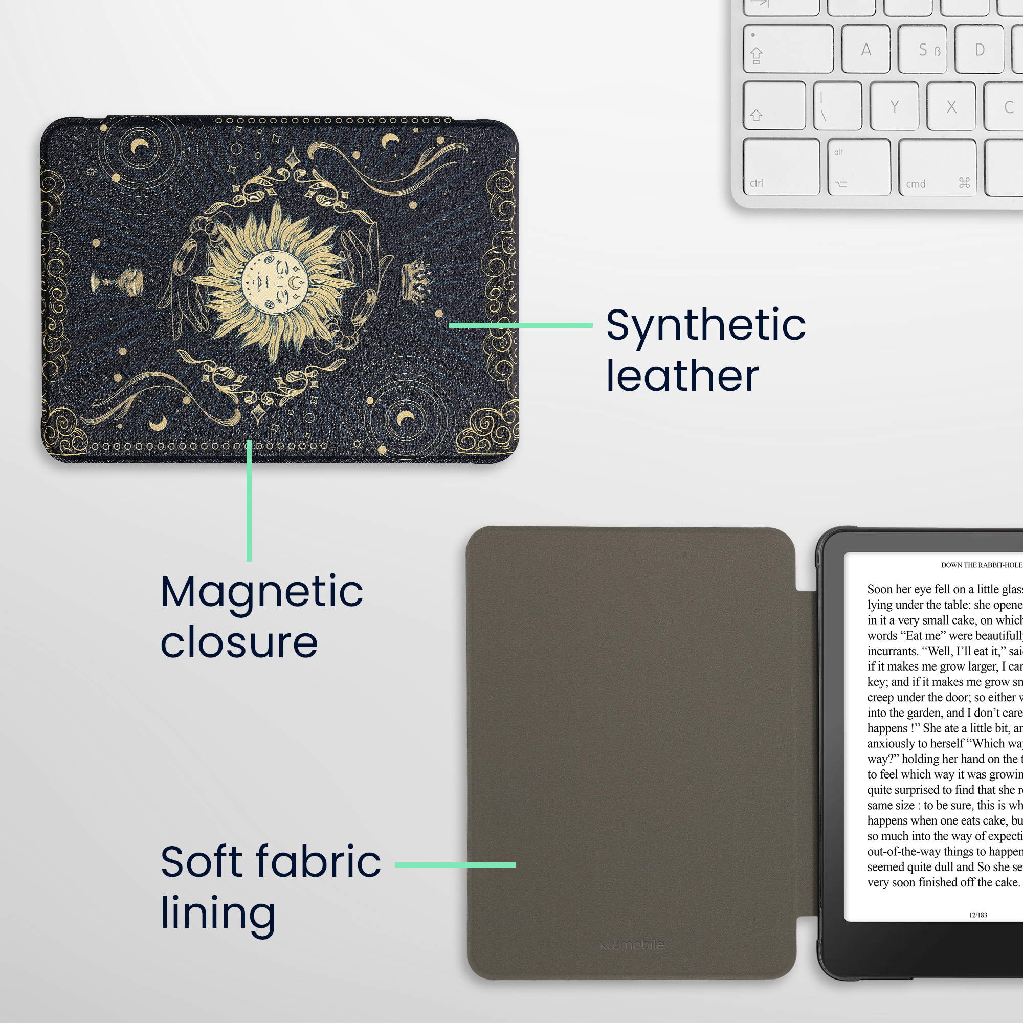 Pouzdro na čtečku kwmobile Kindle Paperwhite 2024 / Colorsoft - Tarot Card - tmavě modrá / žlutá / černá