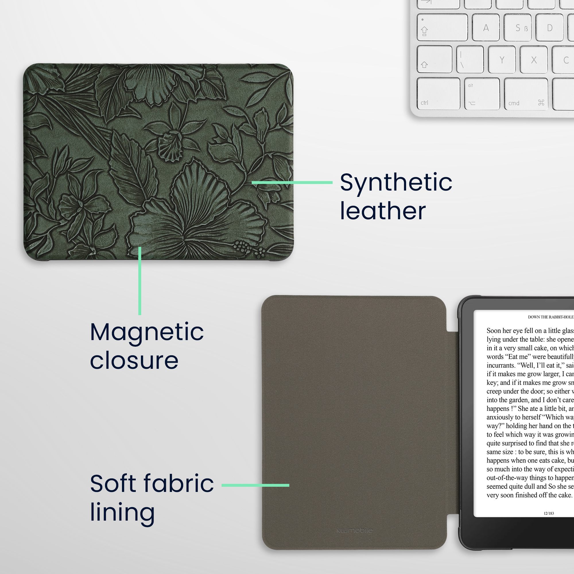 Obal pro Amazon Kindle Paperwhite (2024)/Colorsoft kwmobile - reliéfní motiv květiny s zelená