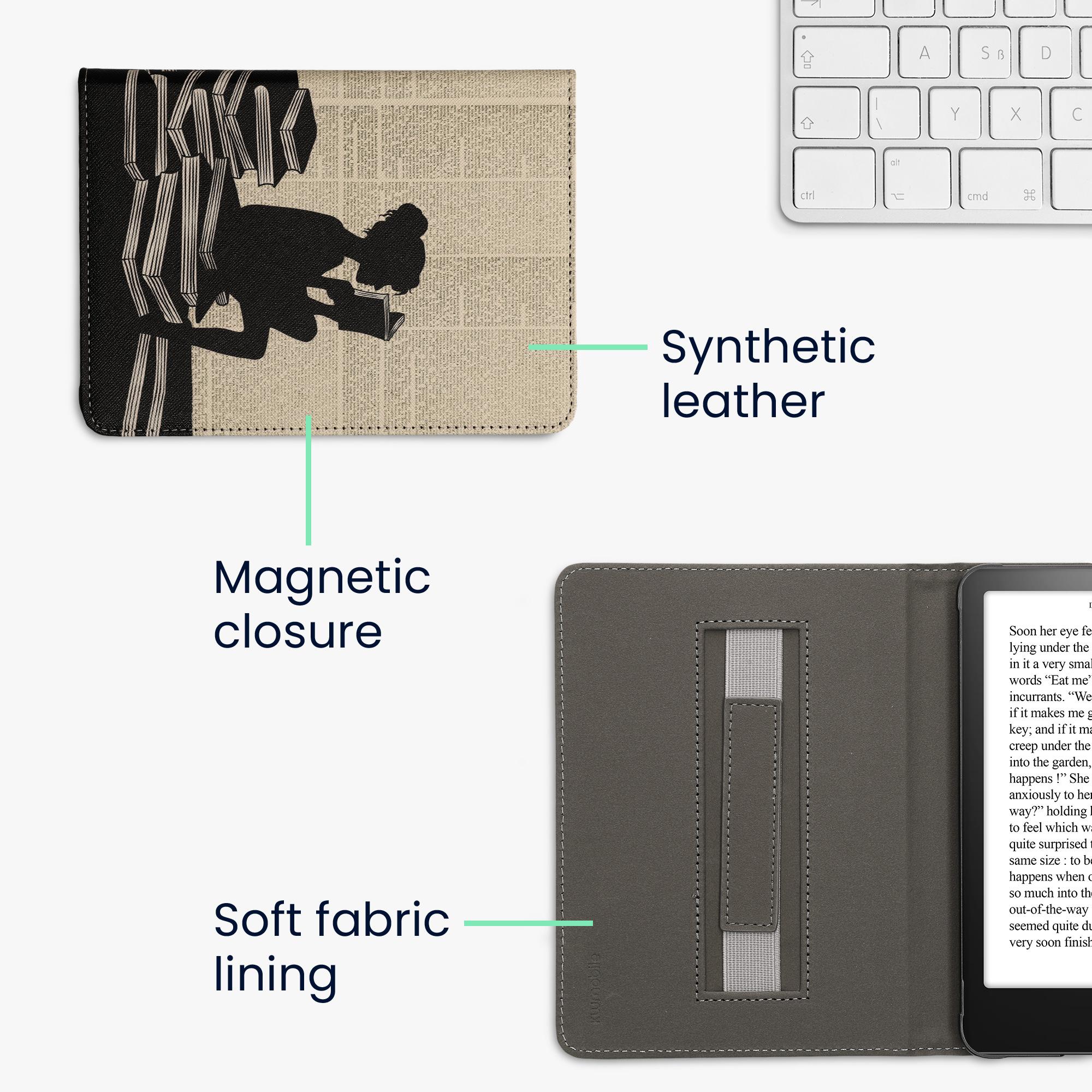Pouzdro na čtečku kwmobile Kindle Paperwhite 2024 / Colorsoft - Girl and Books - černá / béžová