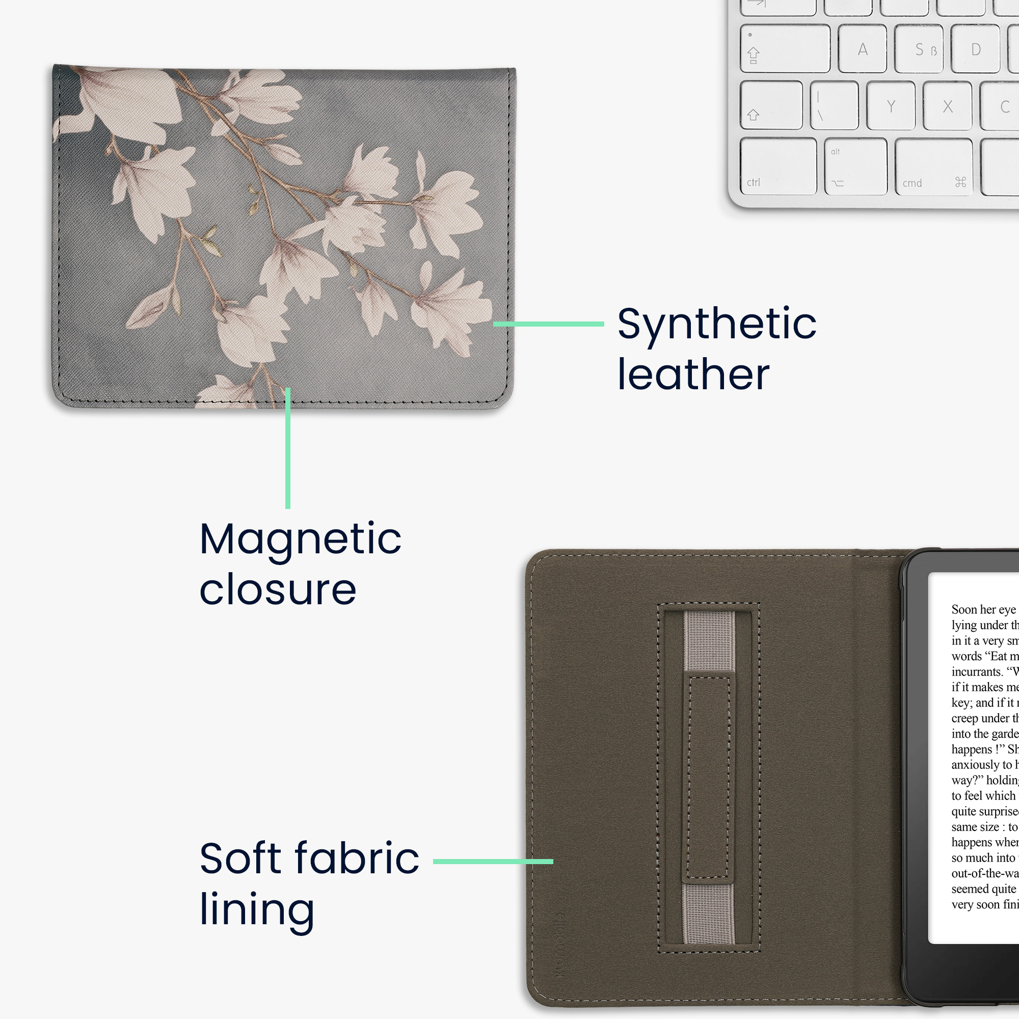 Pouzdro na čtečku kwmobile Kindle Paperwhite 2024 / Colorsoft - Magnolias - taupe / bílá / modrošedá