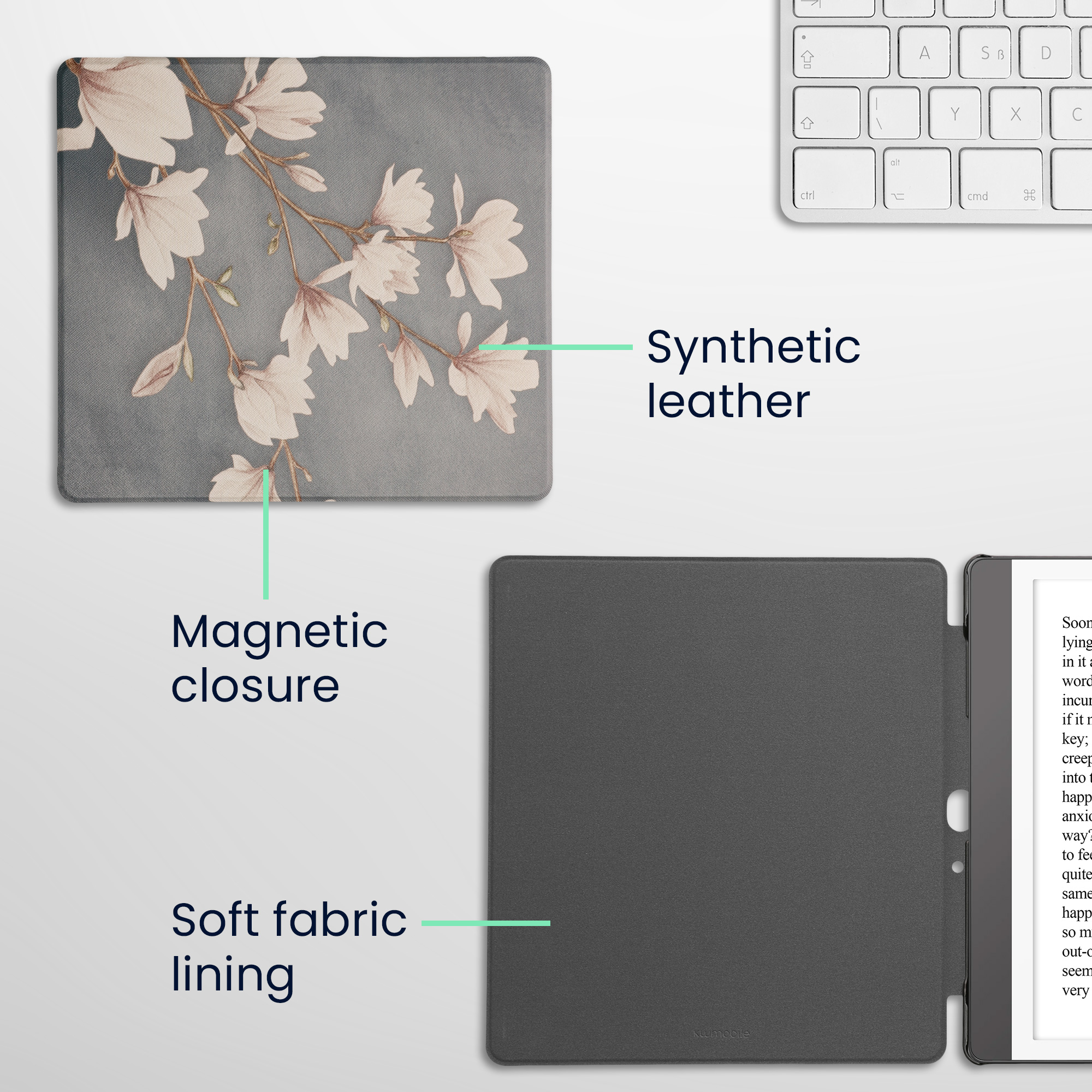 Pouzdro na čtečku kwmobile Kindle Scribe 2024 - Magnolias - taupe / bílá / modrošedá
