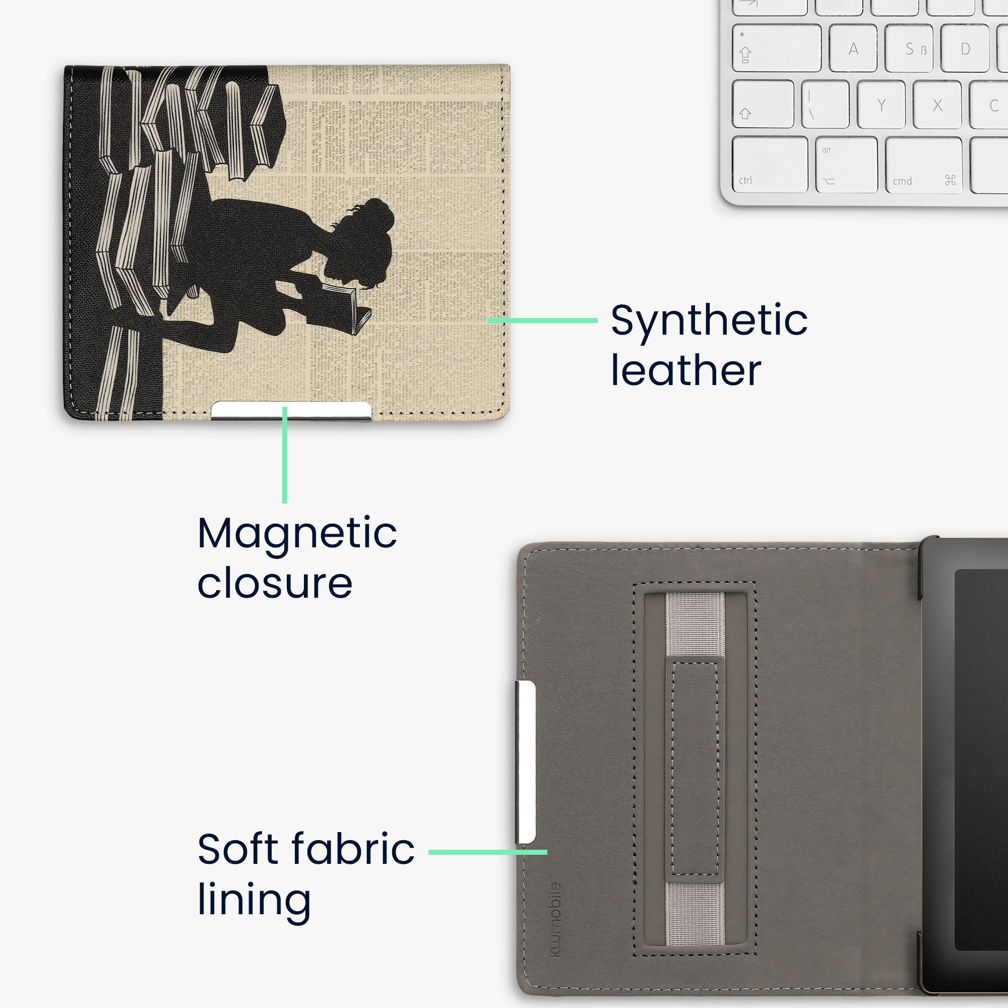 Obal pro Kobo Aura Edition 1 kwmobile s poutkem - motiv dívka s knihami s černá / béžová