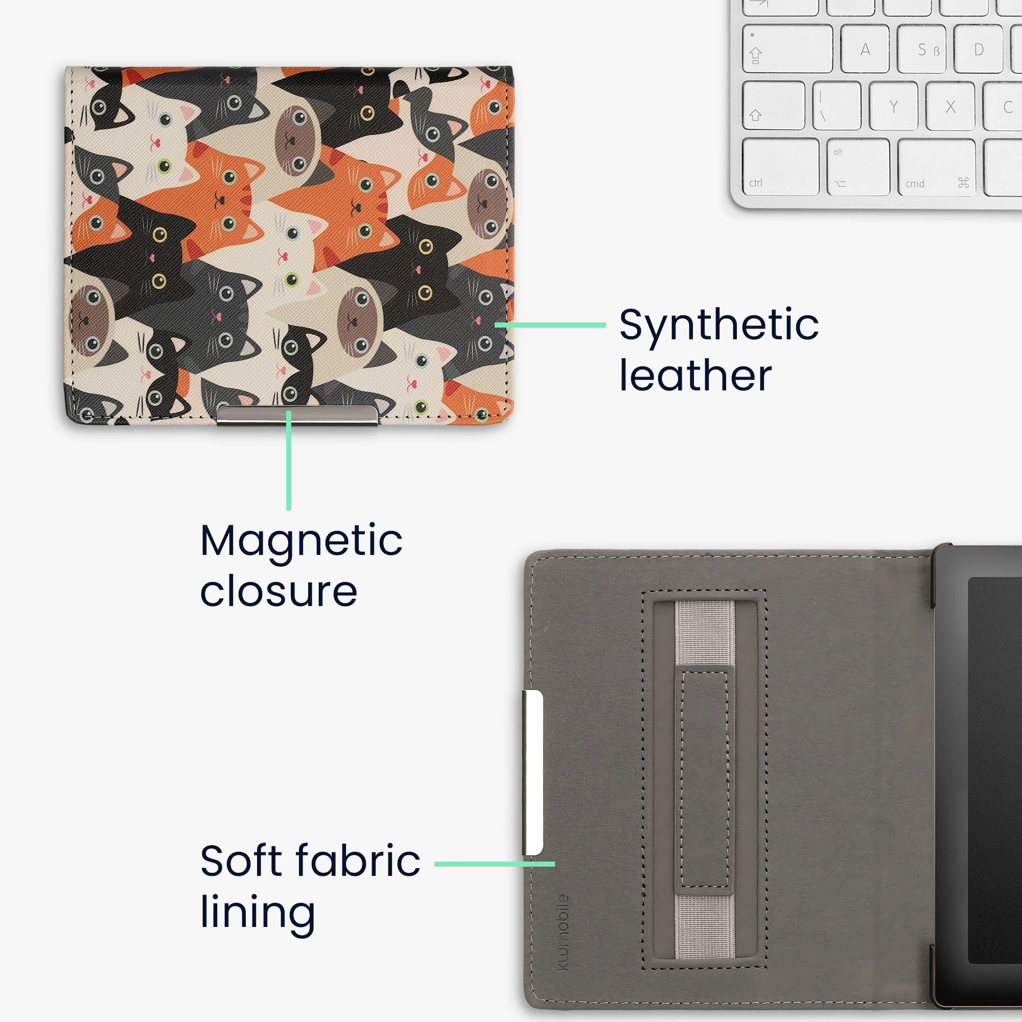 Obal pro Kobo Aura Edition 1 kwmobile s poutkem - motiv kočky, oranžová / černá / bílá