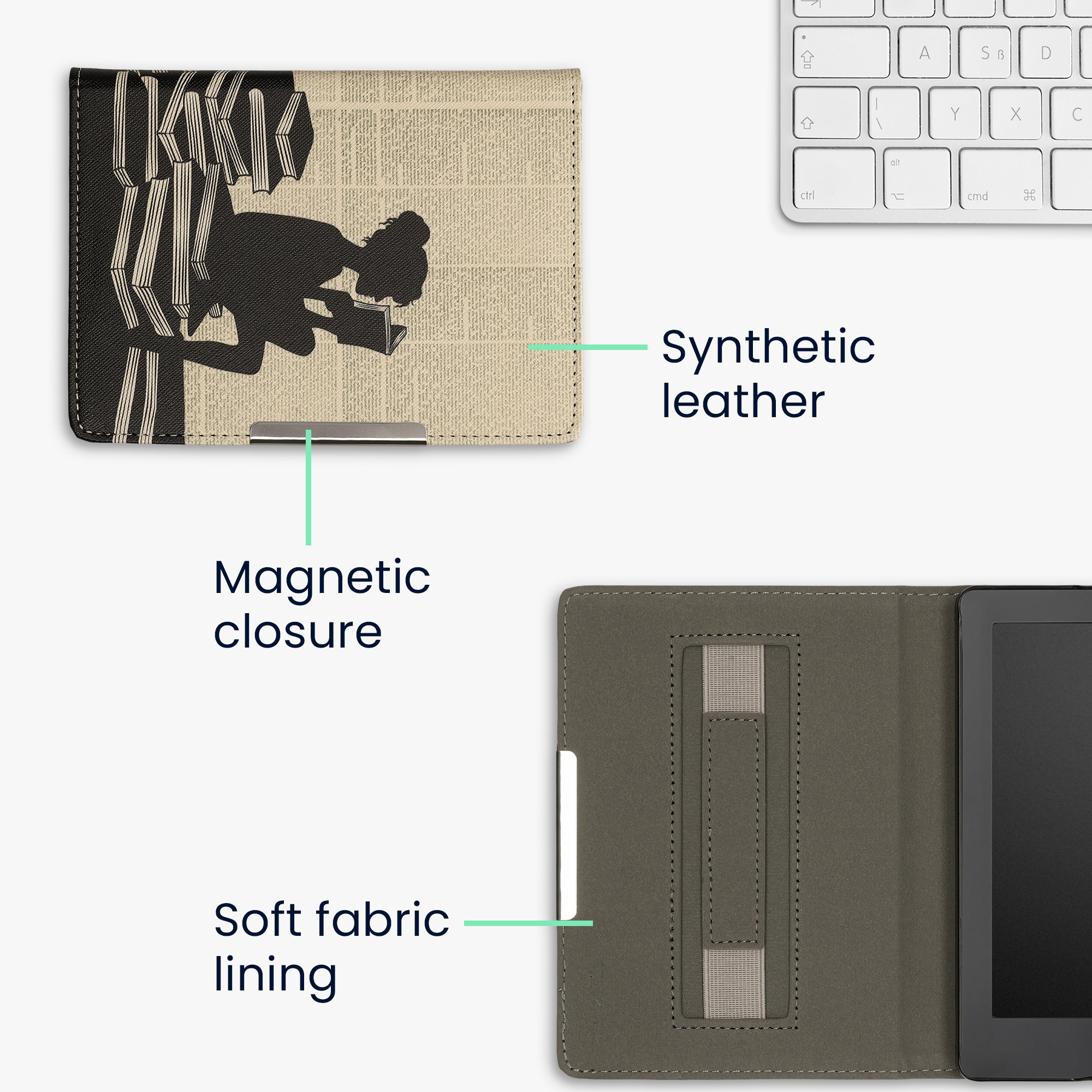 Obal pro Kobo Aura Edition 2 kwmobile s poutkem - motiv dívka s knihami s černá / béžová