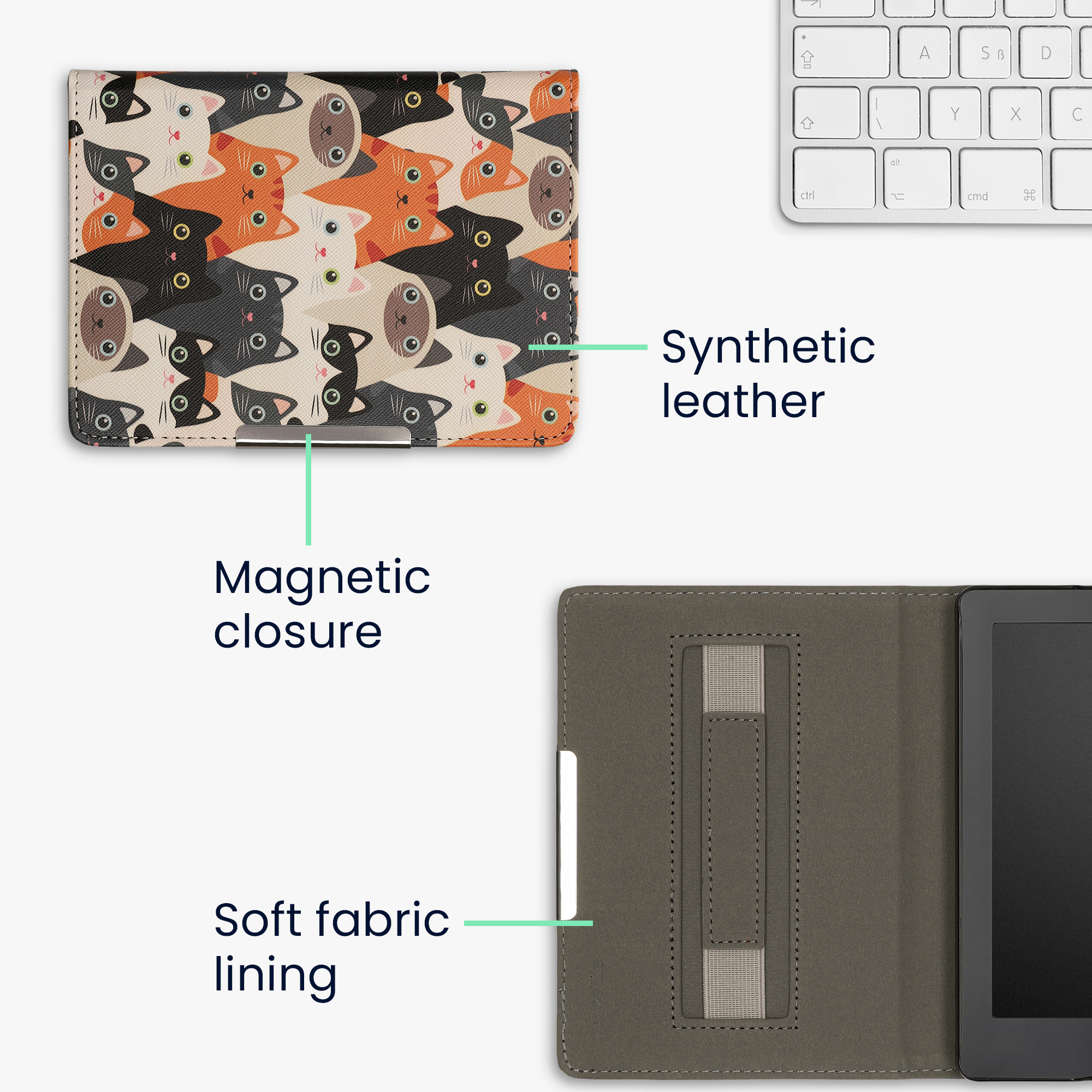 Obal pro Kobo Aura Edition 2 kwmobile s poutkem - motiv kočky, oranžová / černá / bílá