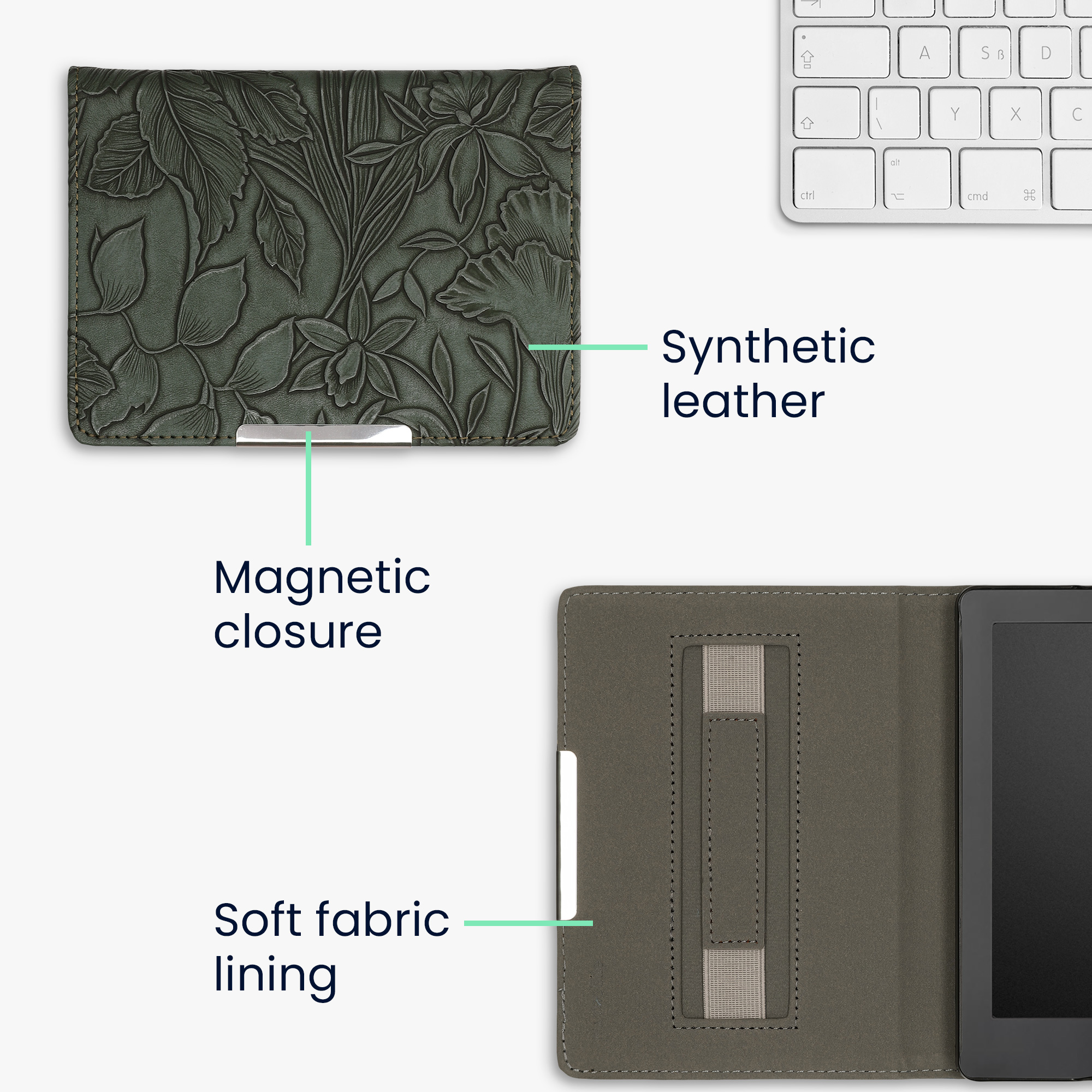 Obal pro Kobo Aura Edition 2 kwmobile s poutkem - reliéfní motiv květiny s zelená