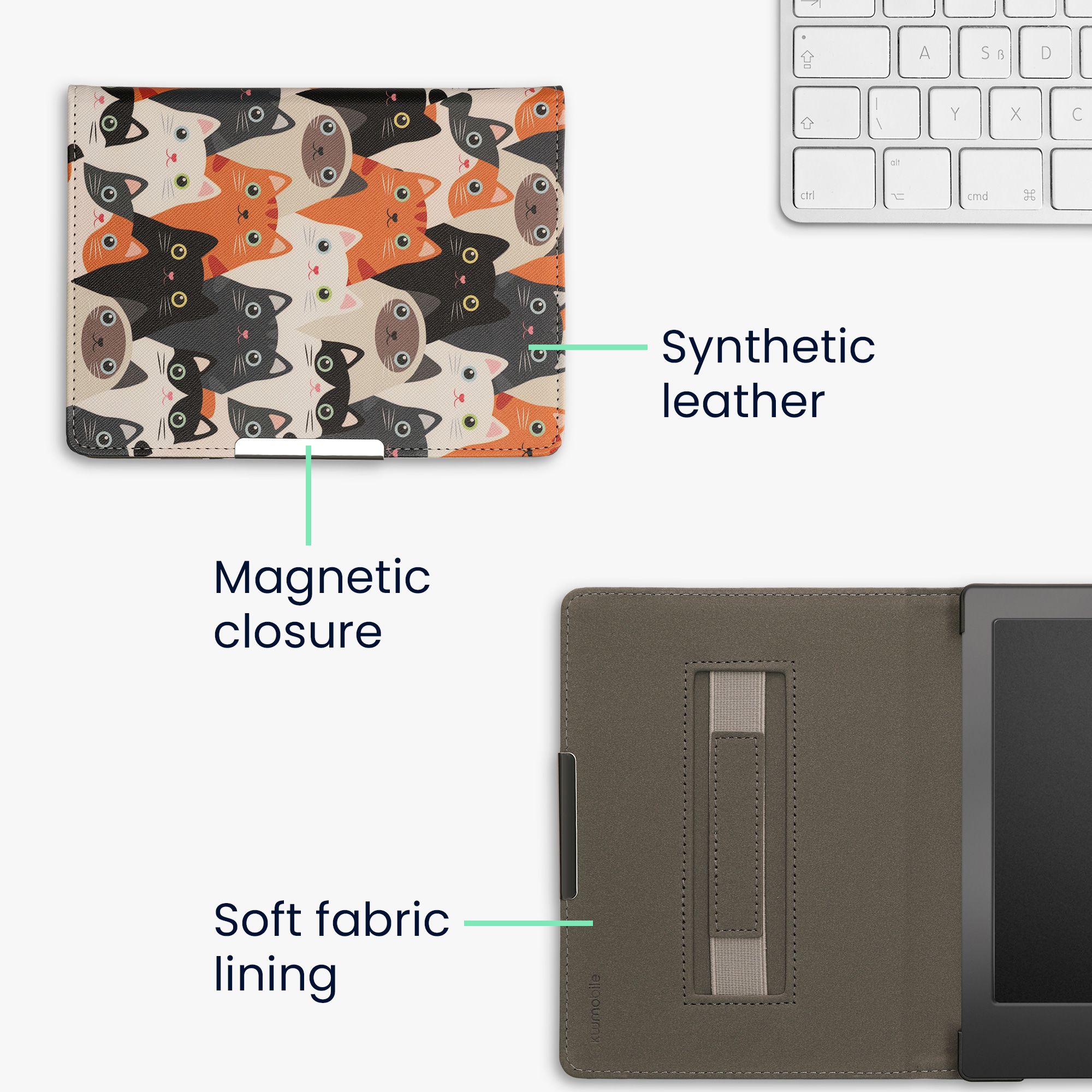 Obal pro Kobo Aura H2O Edition 1 kwmobile s poutkem - motiv kočky, oranžová / černá / bílá