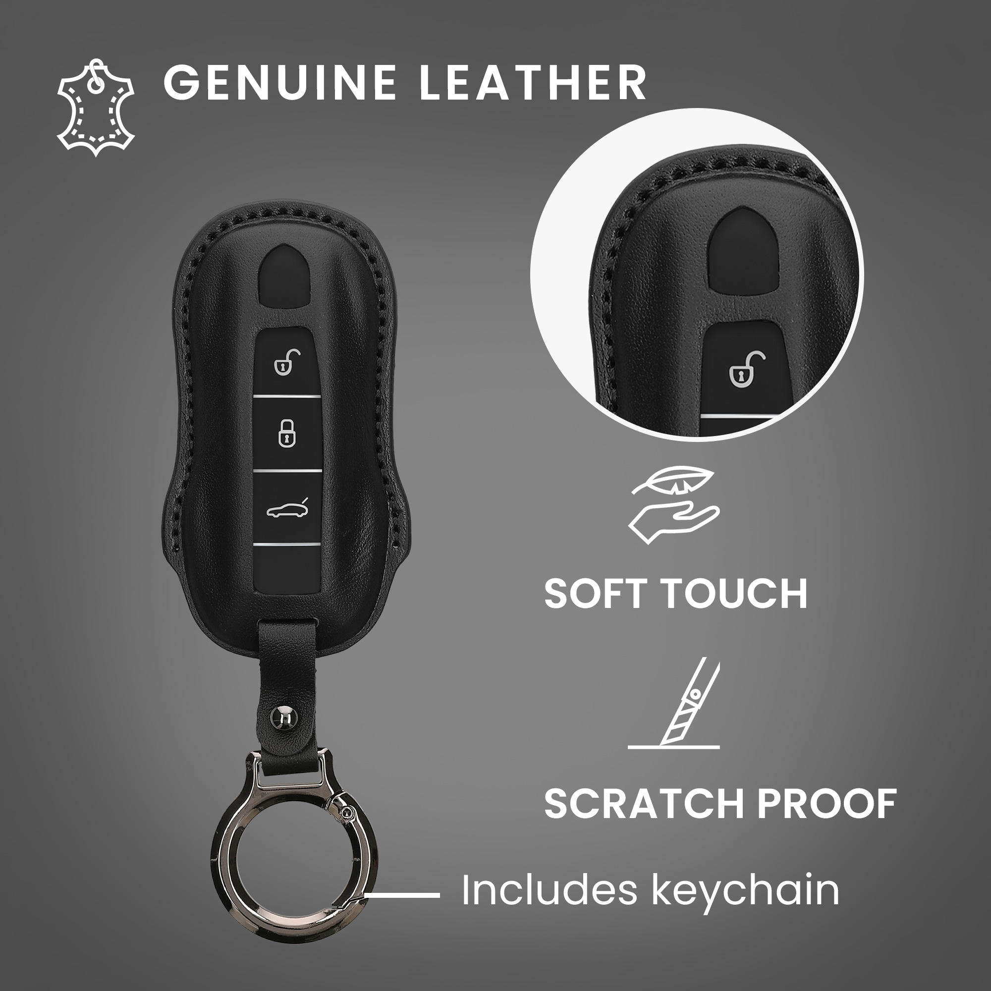 Obal na klíč od auta pro Porsche klíč se 3 tlačítky (only Keyless) kwmobile s kroužkem z pravé kůže - černá