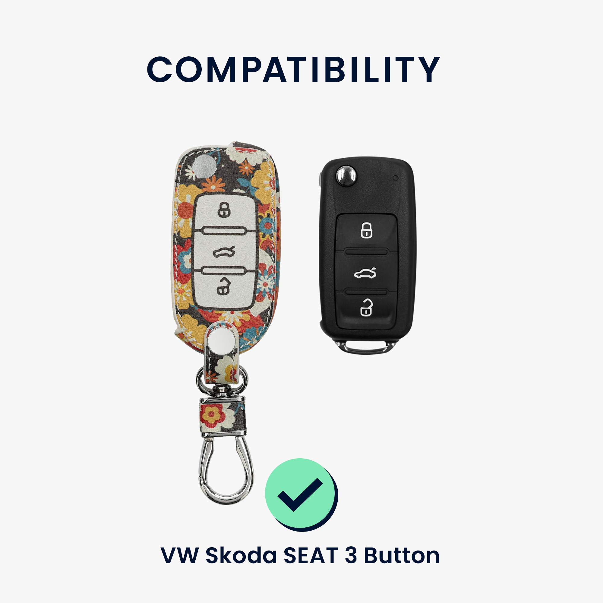 Pouzdro na klíč od auta kwmobile pro VW / Škoda / SEAT 3 tlačítkový klíč - oranžové vintage květy / červená / bílá