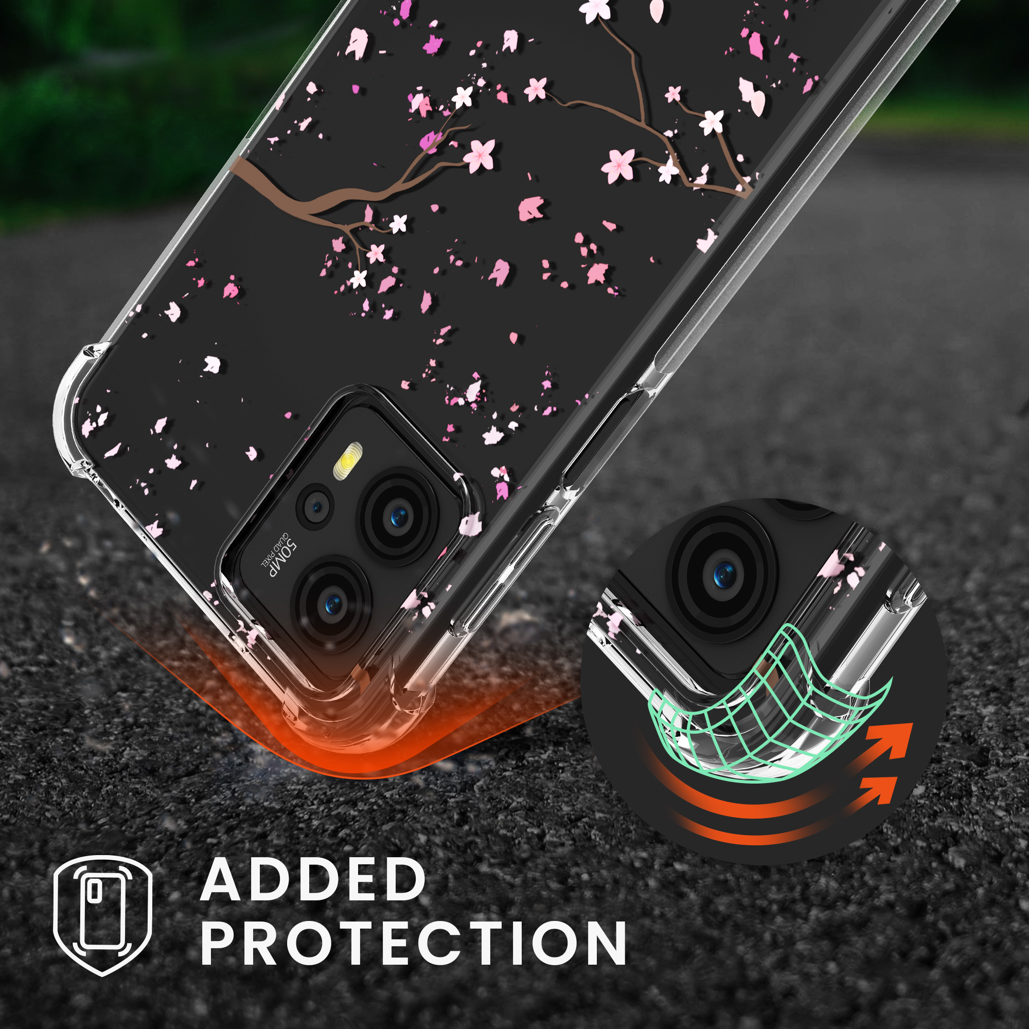 Kryt s popruhem kwmobile pro Motorola Moto G23 / Moto G13 - Růžové třešňové květy / tmavě hnědá / transparentní