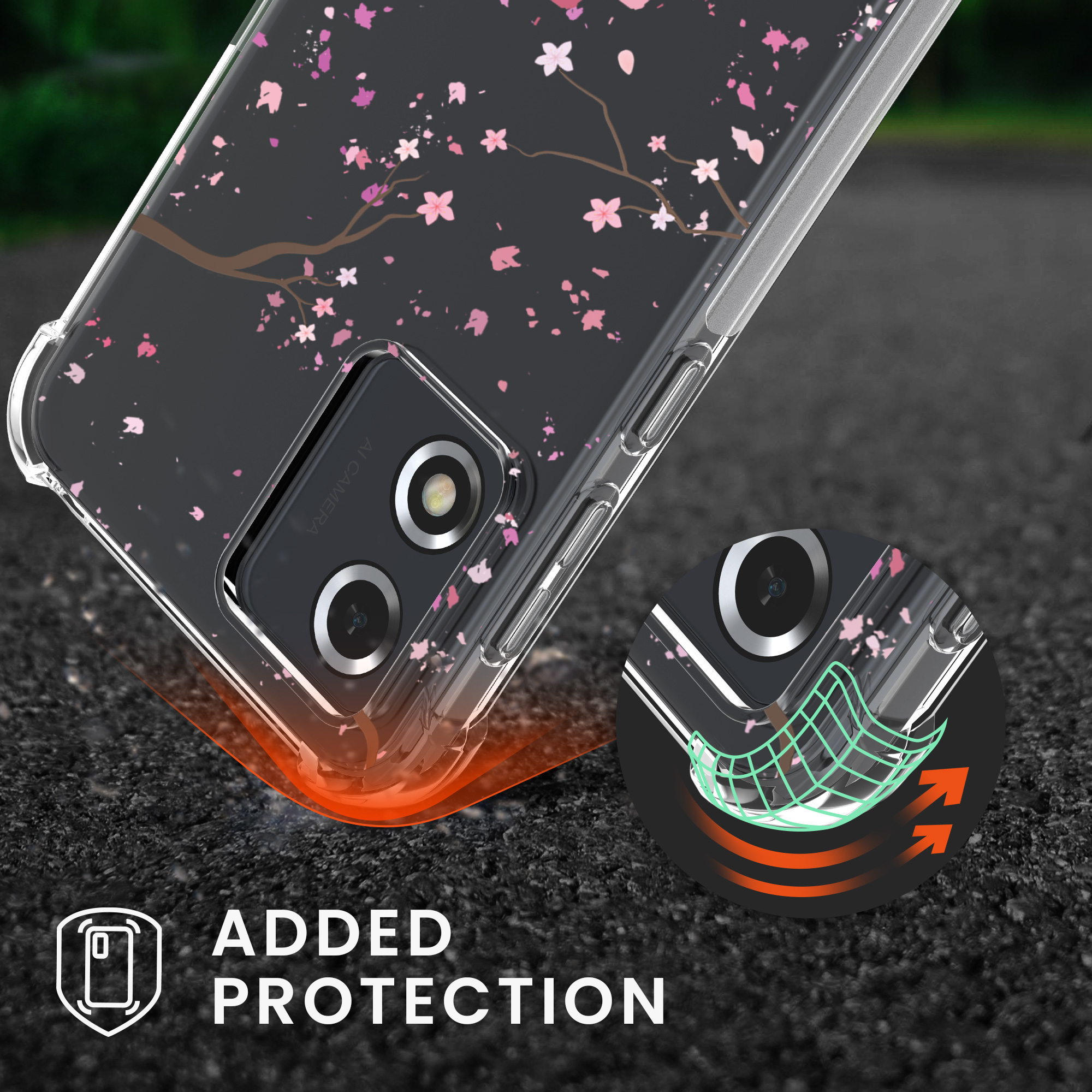 Kryt s popruhem kwmobile pro Motorola Moto E13 - Růžové třešňové květy / tmavě hnědá / transparentní