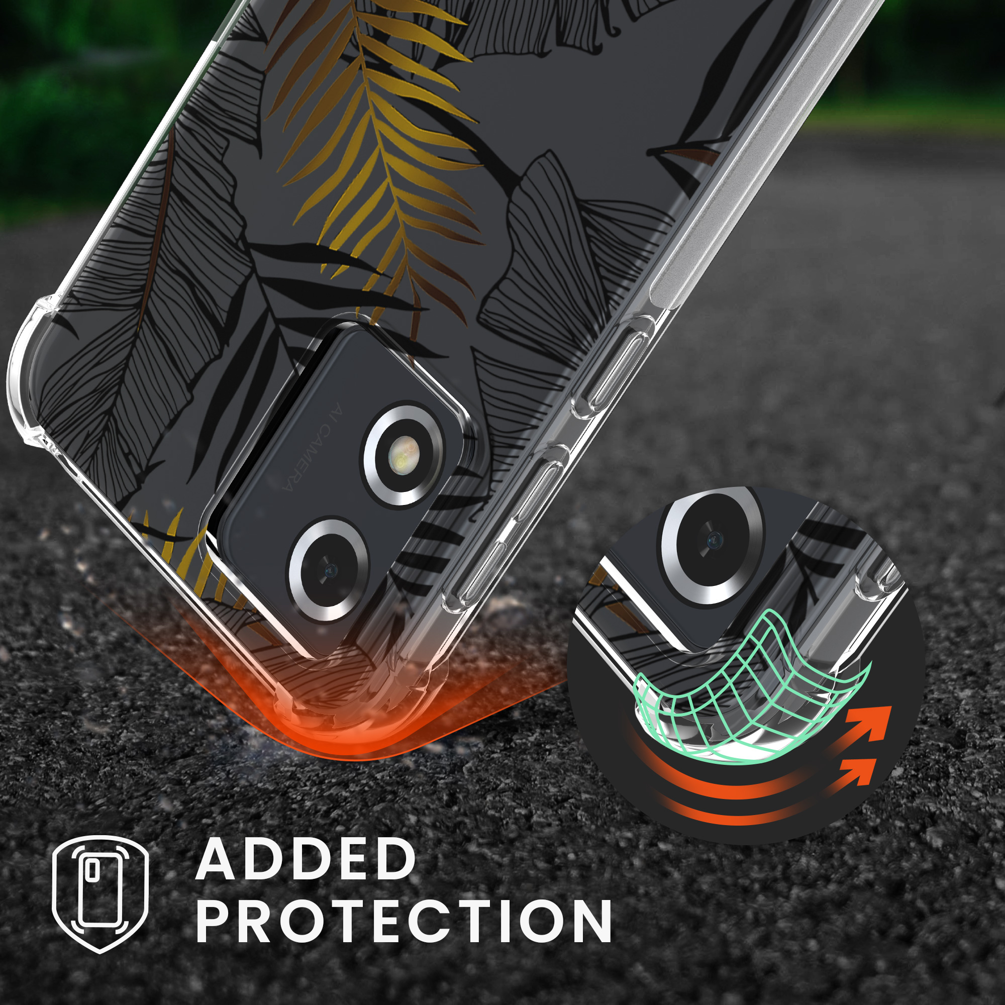 Kryt s popruhem kwmobile pro Motorola Moto E13 - Zlaté palmové listy / šedá / transparentní